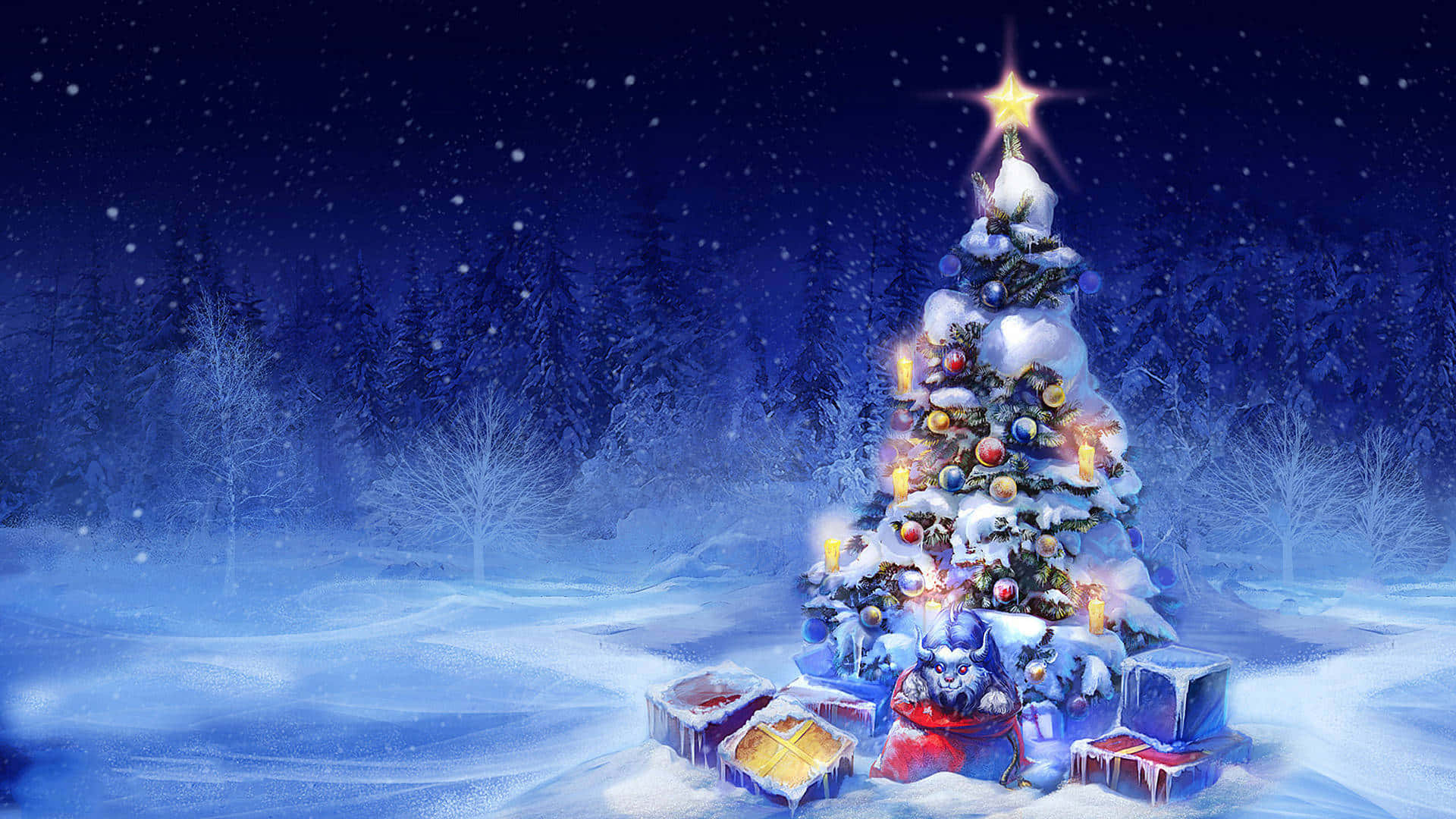 Einbezaubernder Winter-weihnachts-desktop Mit Einer Frostigen Schneewand, Die Von Warmen Lichtern Beleuchtet Wird. Wallpaper
