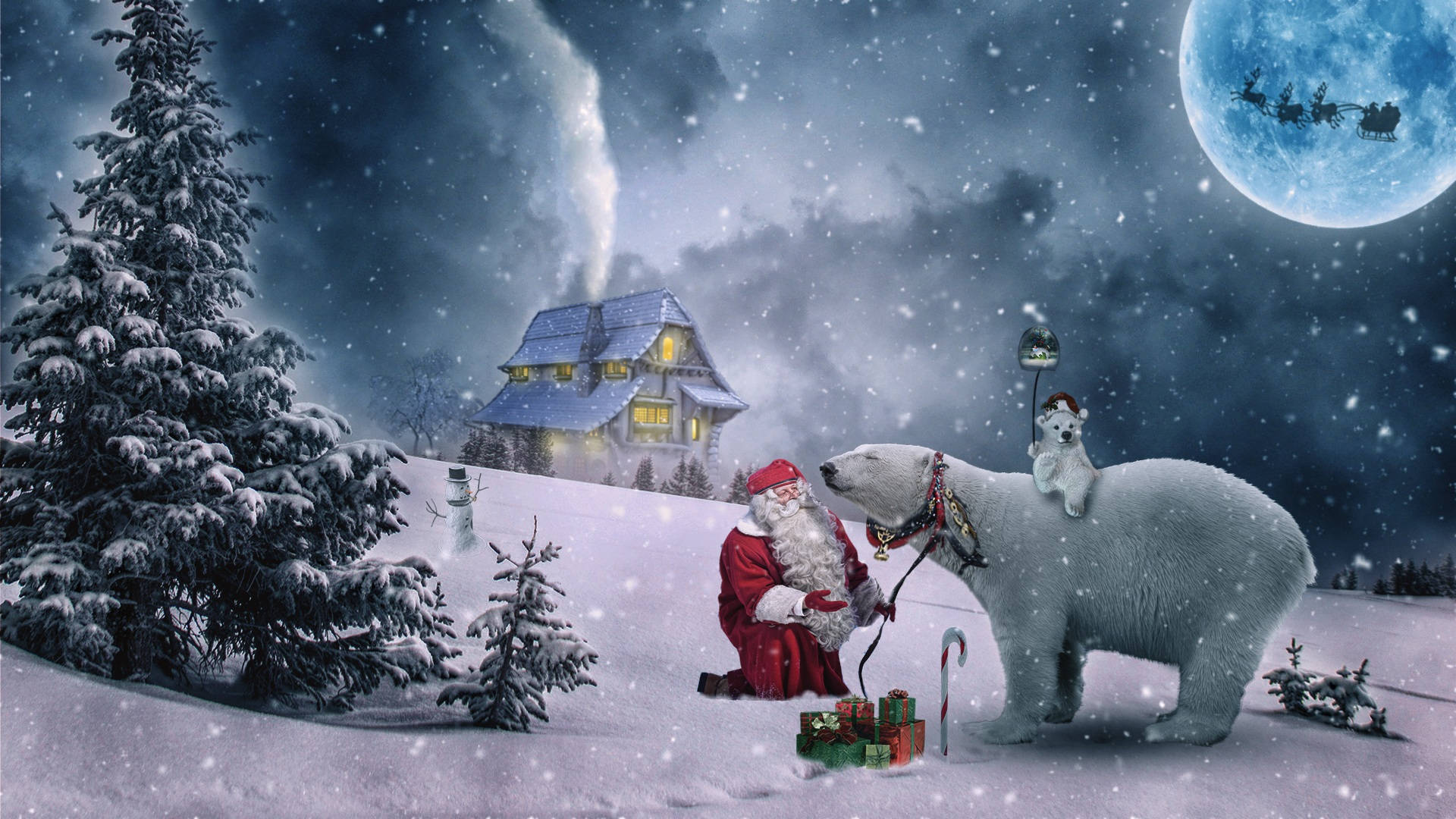 Vinter Jul Santa Og Bær Søde Levende Wallpaper