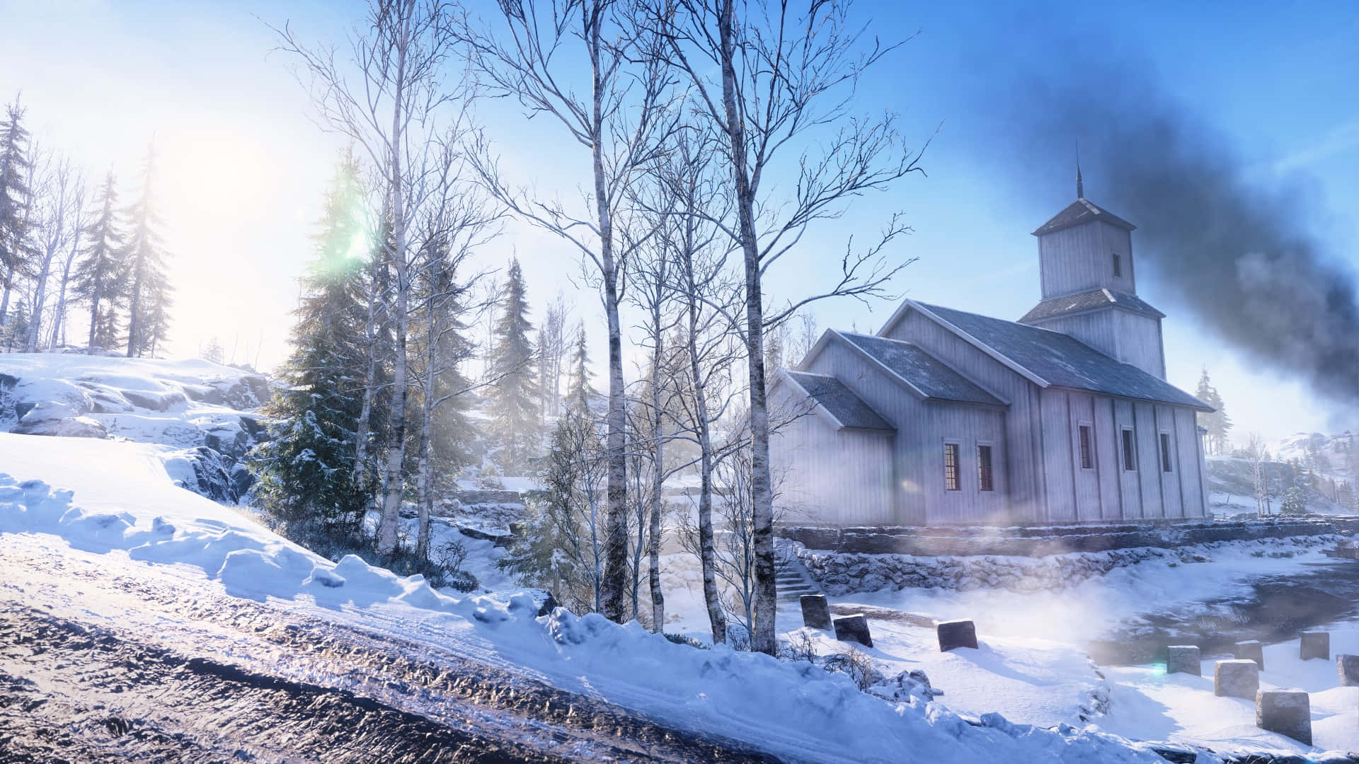 Winter_ Church_ Scene_ Snowy_ Landscape Wallpaper