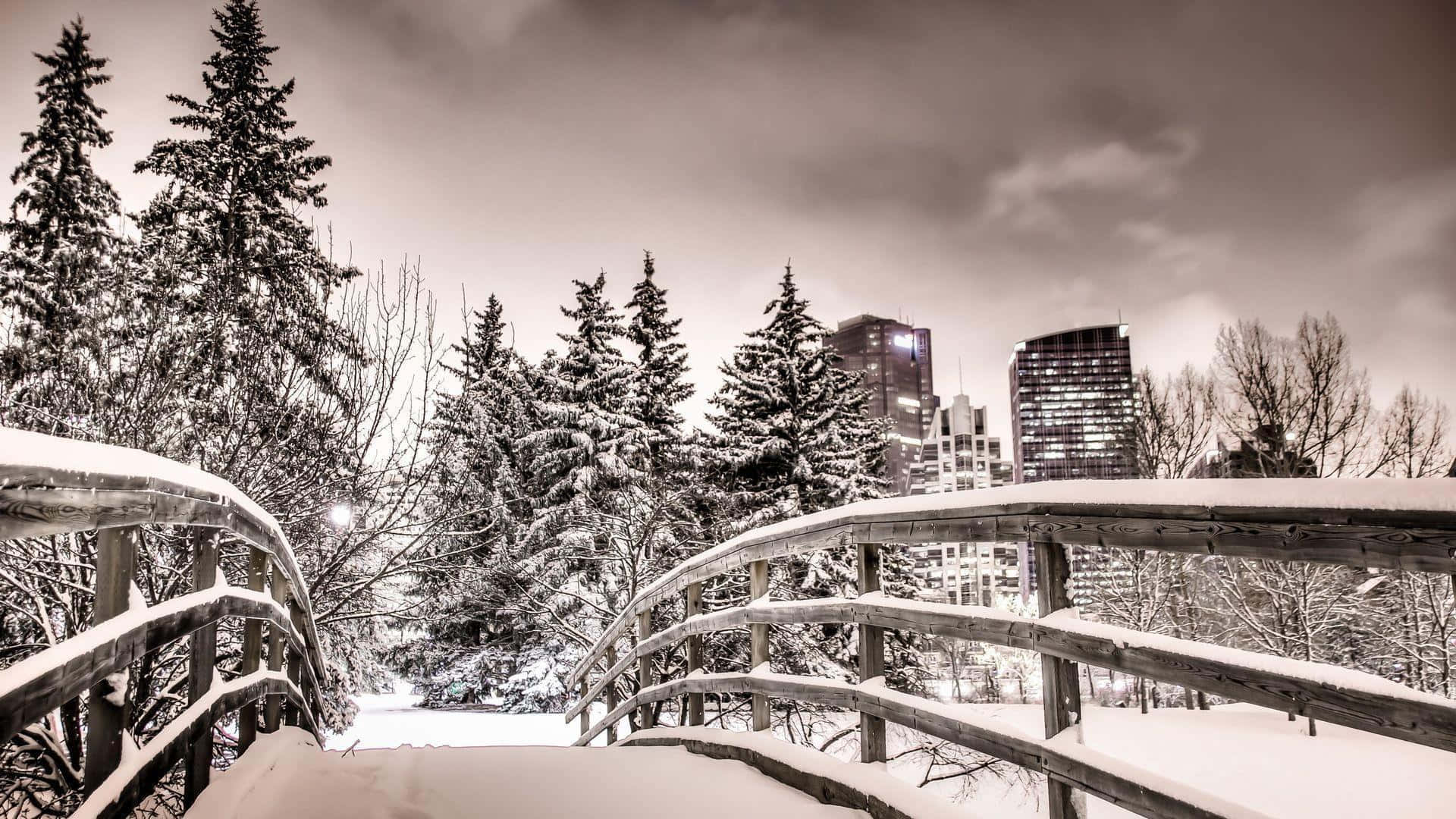 Snow-covered, Picturesque Winter Cityscape Wallpaper