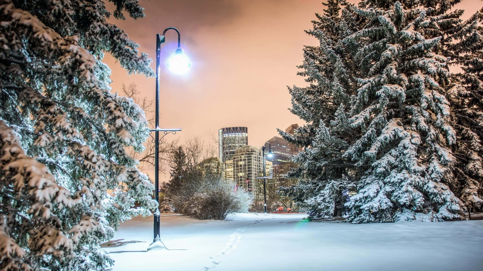 Scenic Winter Cityscape with Snow-Covered Streets Wallpaper