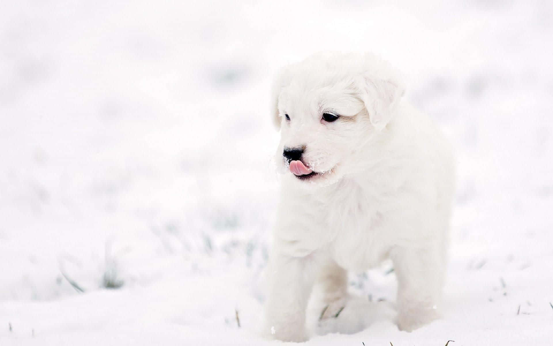 En hund holder pause i det snefyldte landskab. Wallpaper