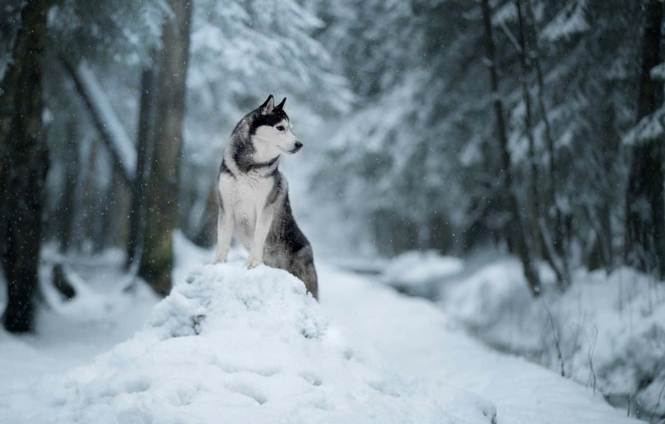 Winter Dog Perching On A Snow Rock Wallpaper