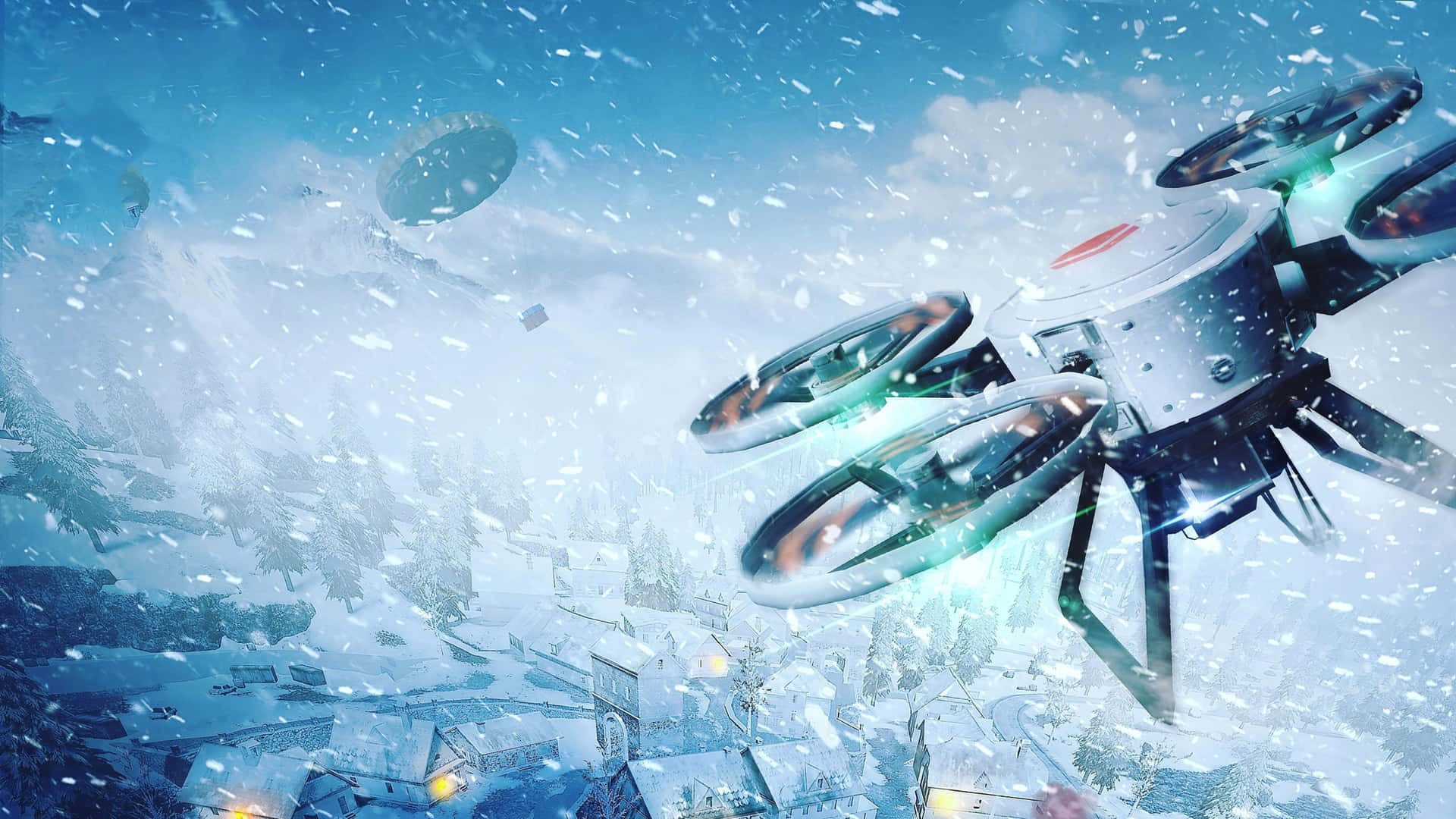 Winter_ Drone_ Flight_ Over_ Snowy_ Town Wallpaper