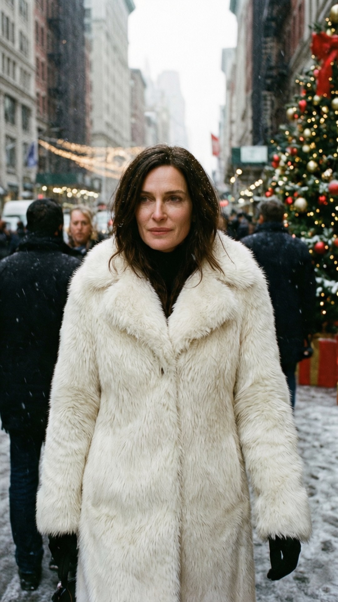 Rachel Weisz in a white furry coat walking in snowy city with Christmas lights. wallpaper