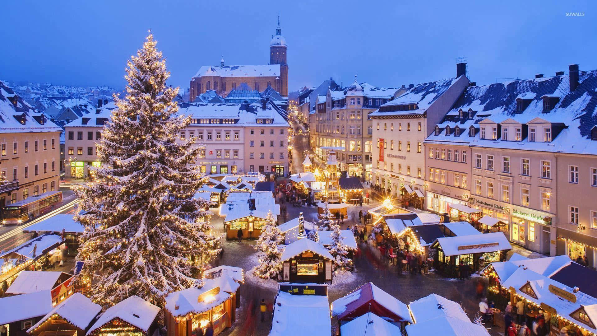 Winter Evening Christmas Market Town Square Wallpaper