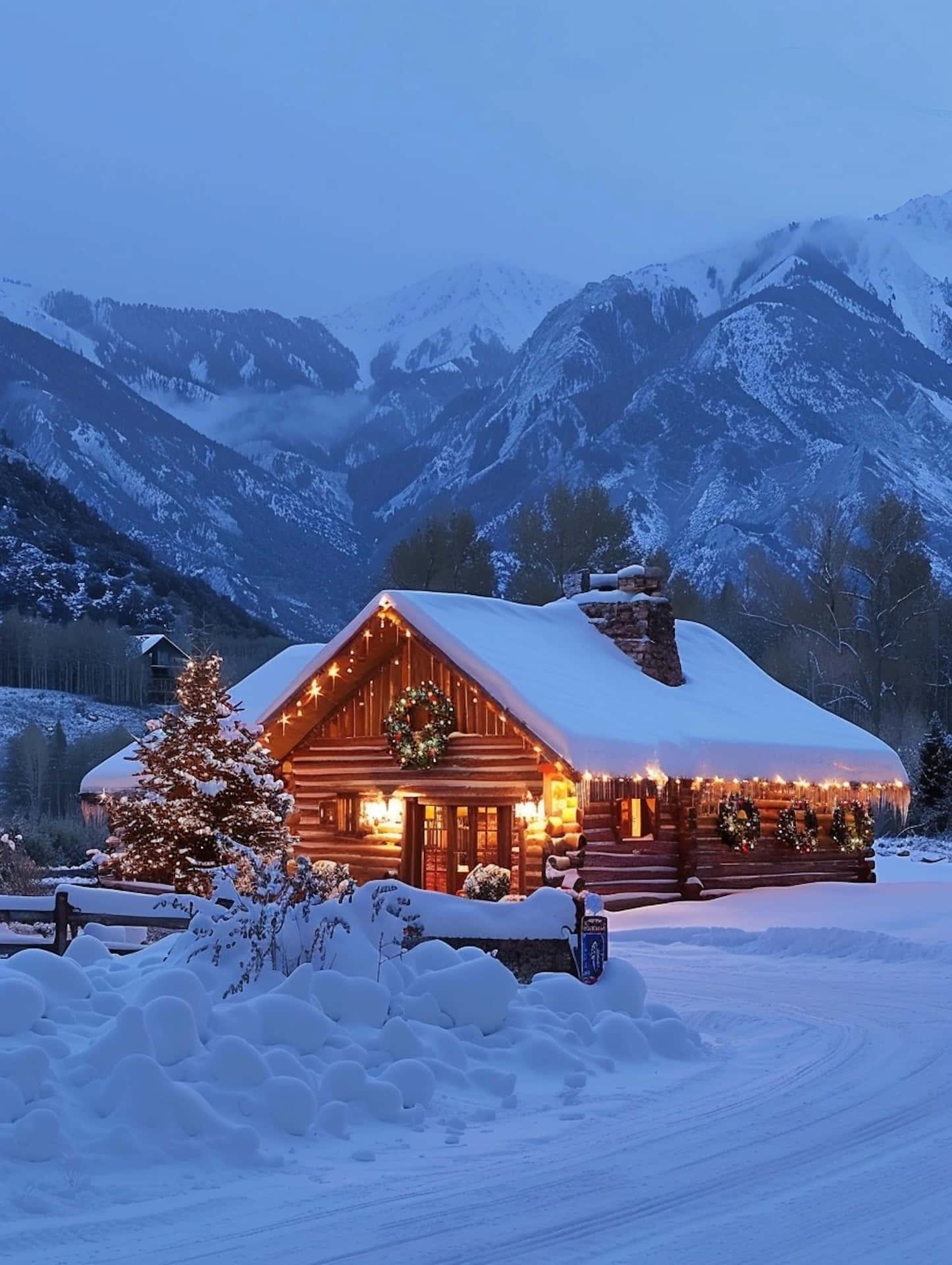 Winter Evening Log Cabin Christmas Lights Wallpaper