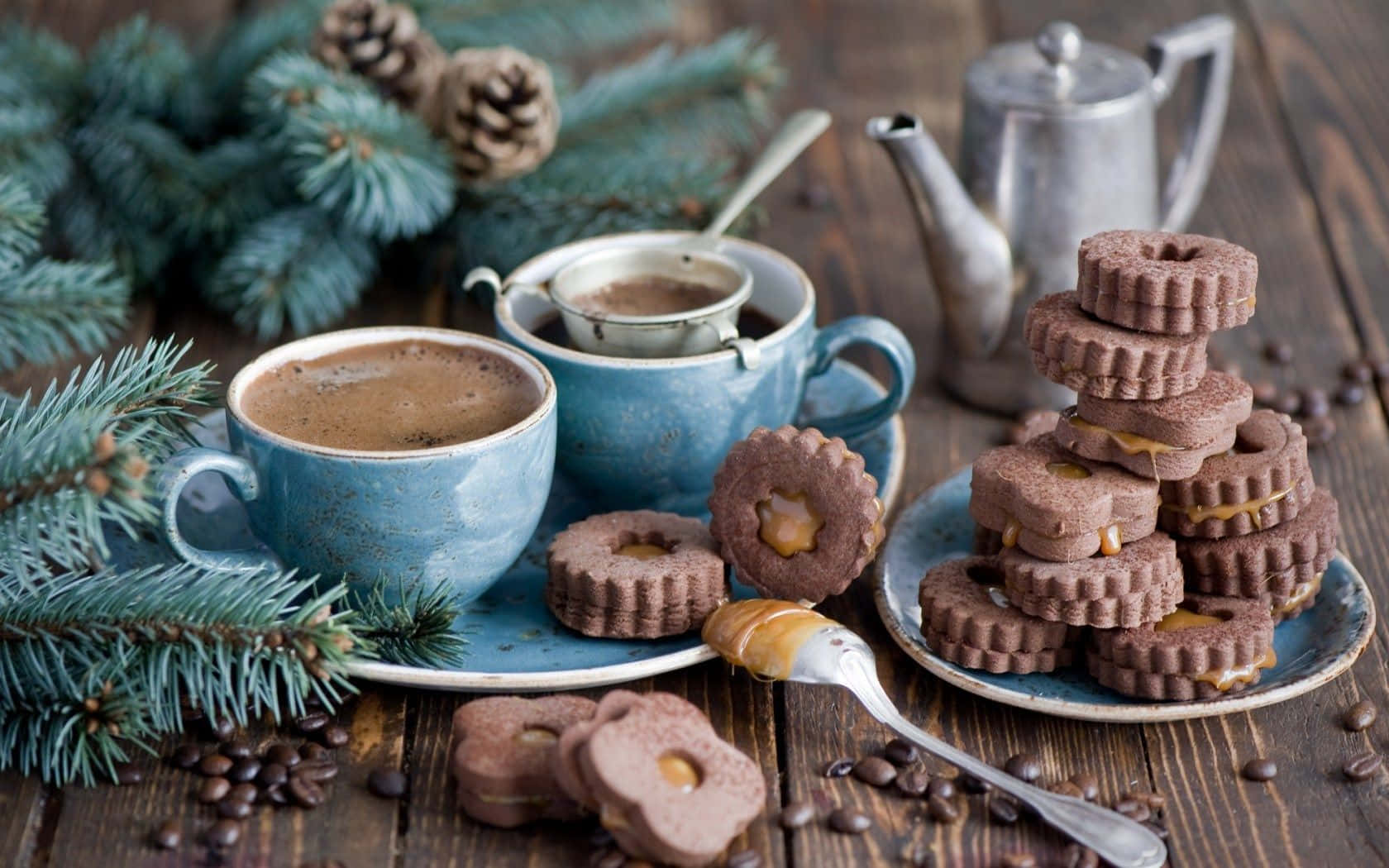 A delicious assortment of winter food on a wooden table Wallpaper