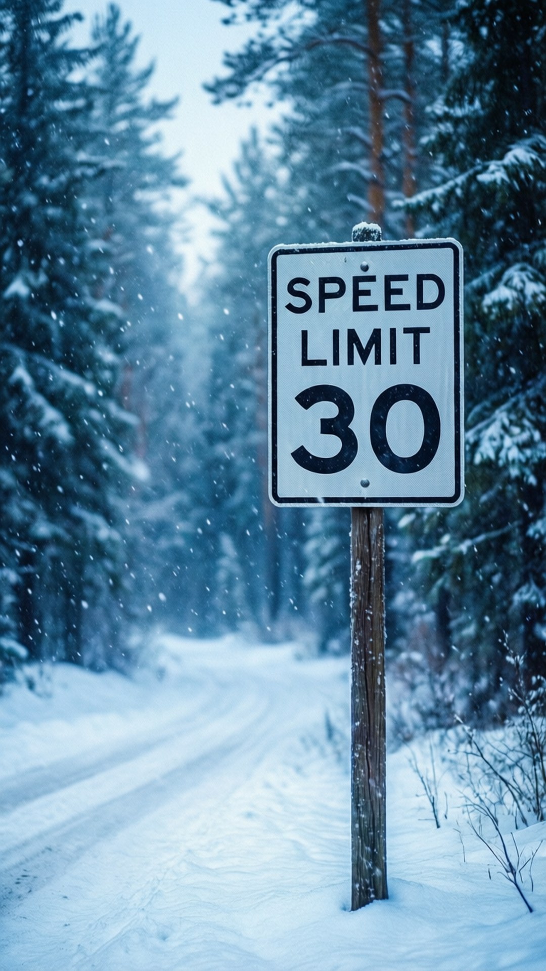 Speed limit sign in snowy winter forest