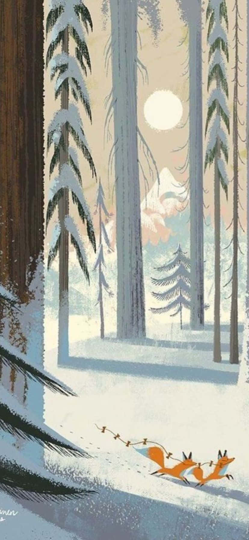 Winter Foxes In Snowy Forest Illustration Wallpaper