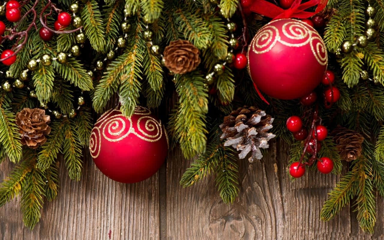 Christmas Decorations On A Wooden Background Wallpaper