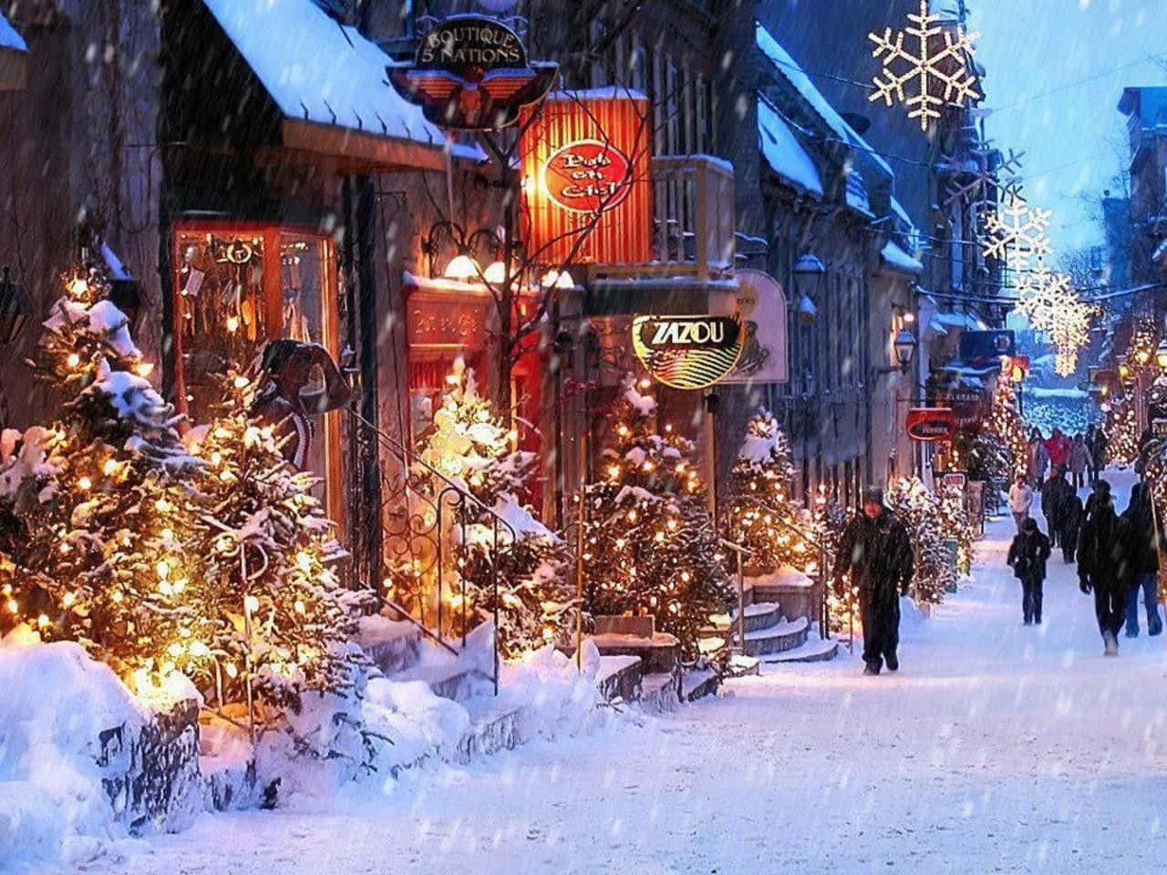 Winter Holiday Desktop Snowy Christmas Village Wallpaper
