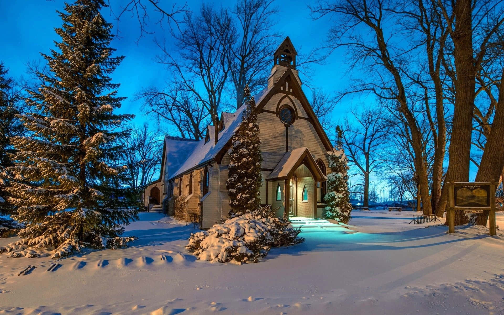 Winter Holiday Desktop Church With Pine Trees Wallpaper
