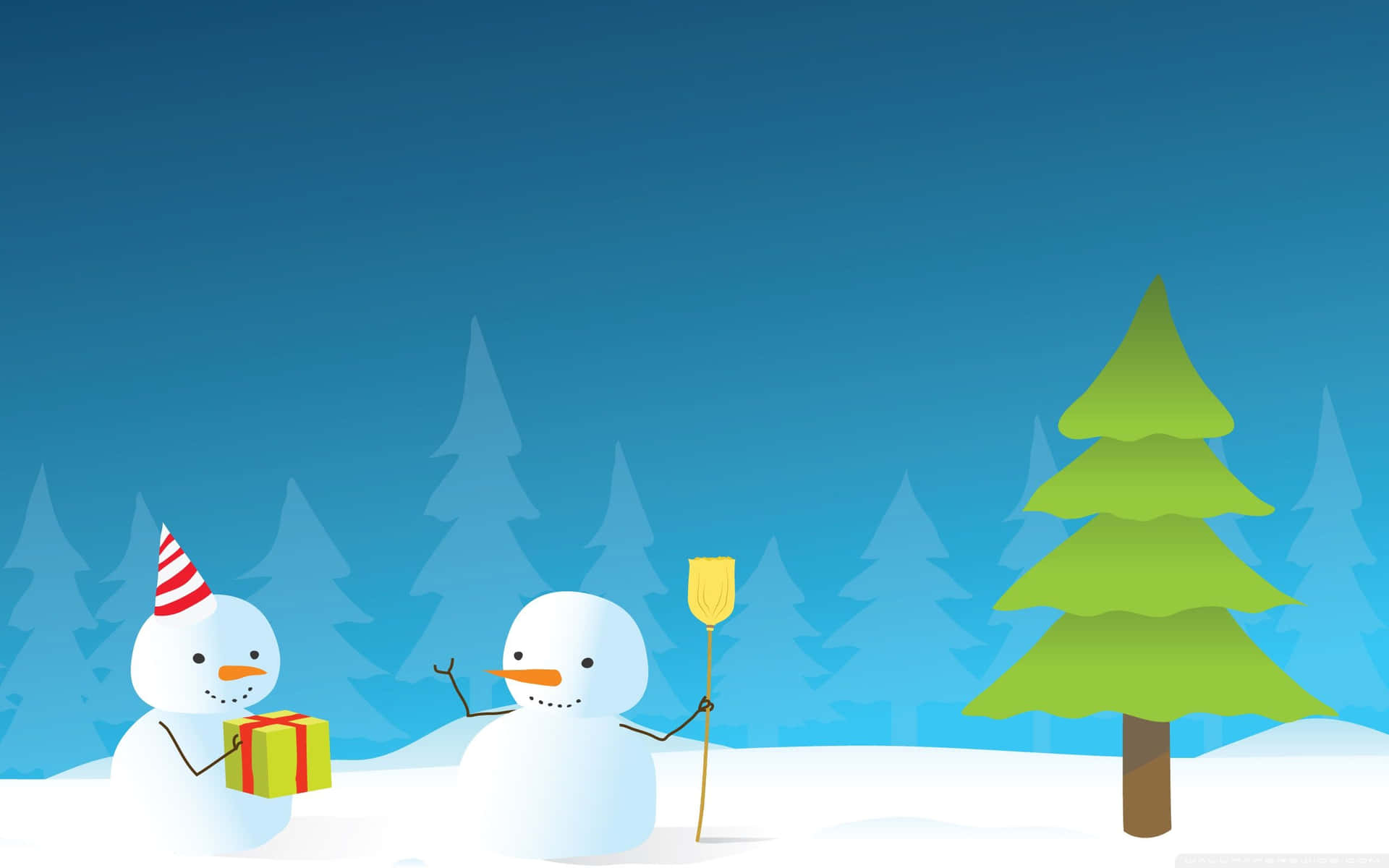 Winterurlaubschreibtischhintergrund Mit Zwei Schneemännern, Die Geschenke Geben. Wallpaper