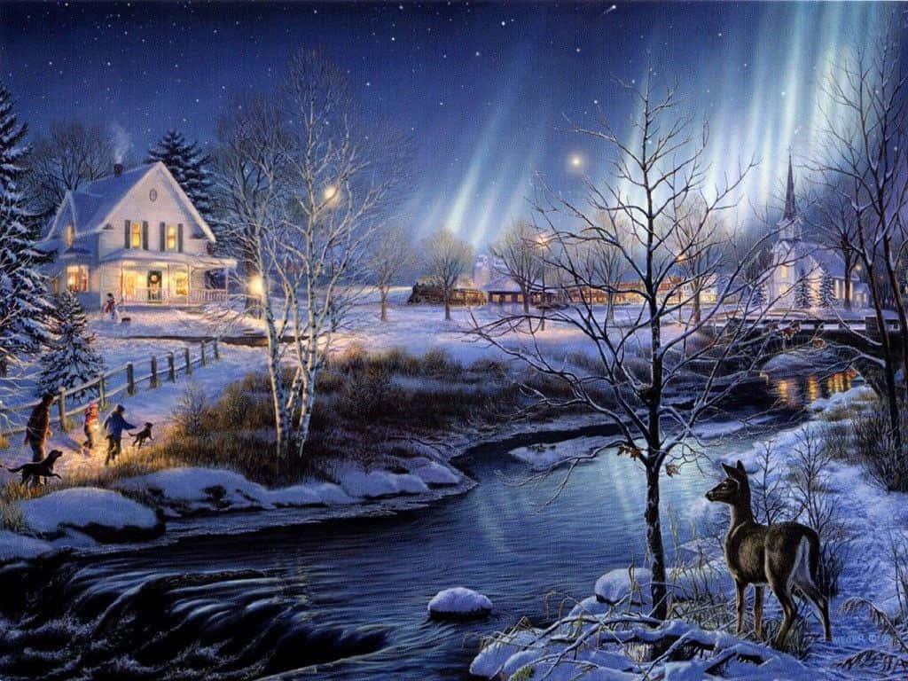 Winterlicheferienbilder Mit Nordlichtern An Einem Verschneiten Abend Wallpaper