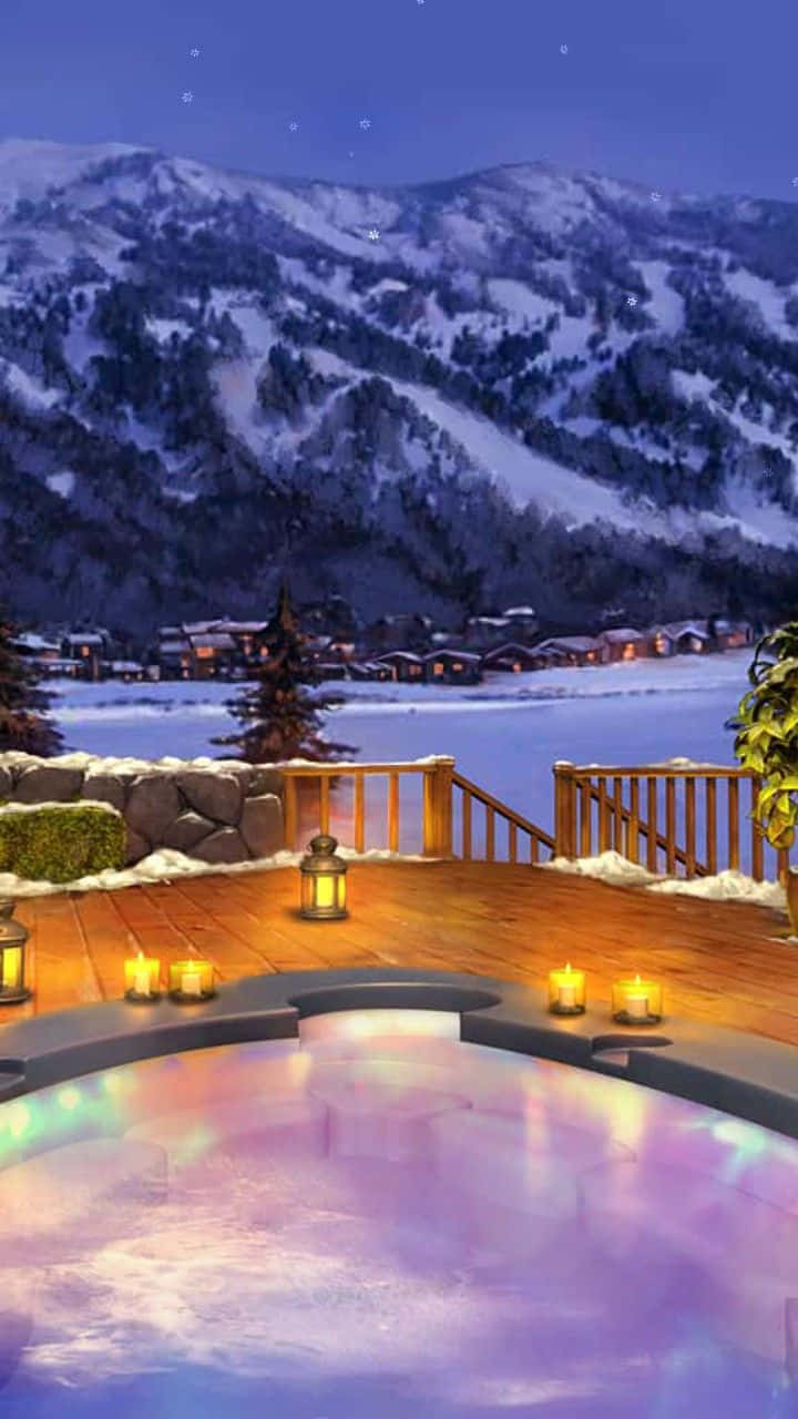 Winter Hot Tub Mountain View Wallpaper