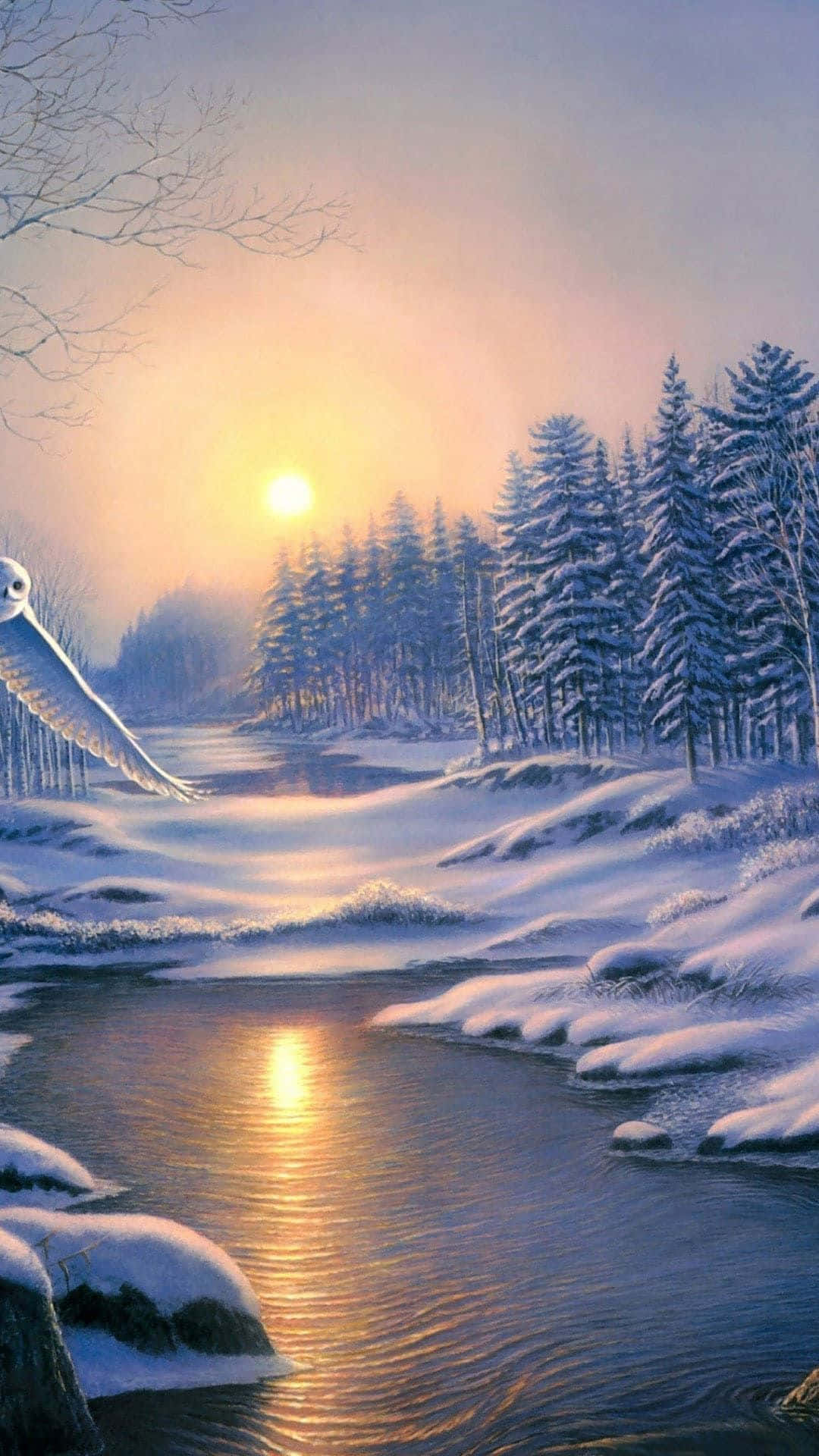 Et maleri af en fugl, der flyver over en sne-dækket flod. Wallpaper