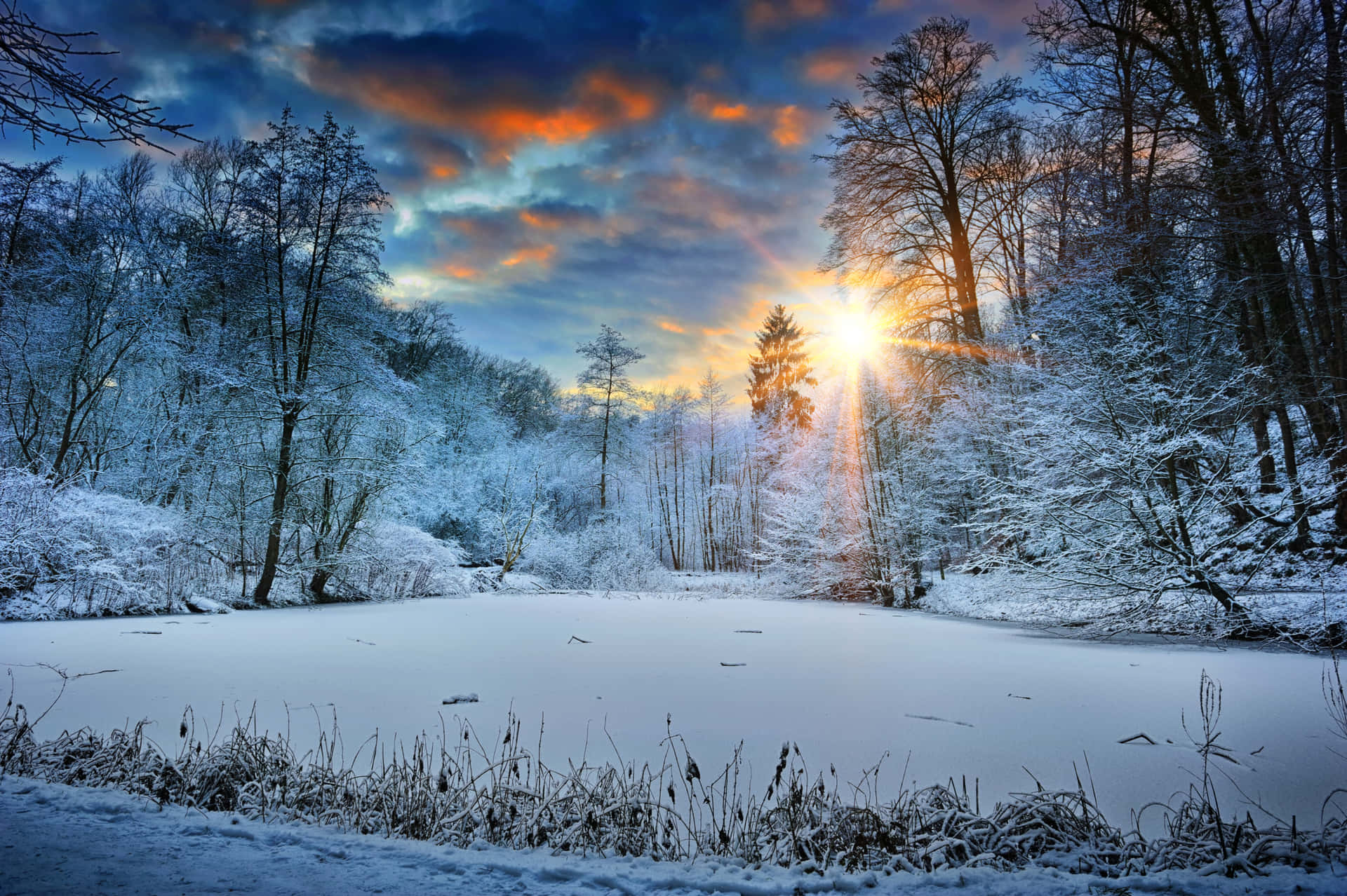 Einwinter Sonnenuntergang Über Einem Mit Schnee Bedeckten Teich Wallpaper