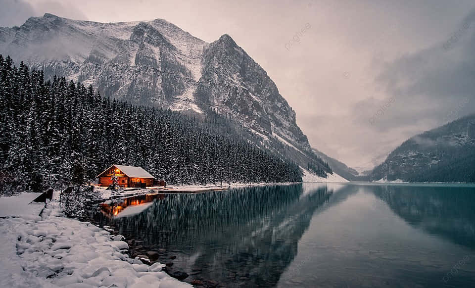Winter_ Mountain_ Lake_ Cabin_ Reflection Wallpaper
