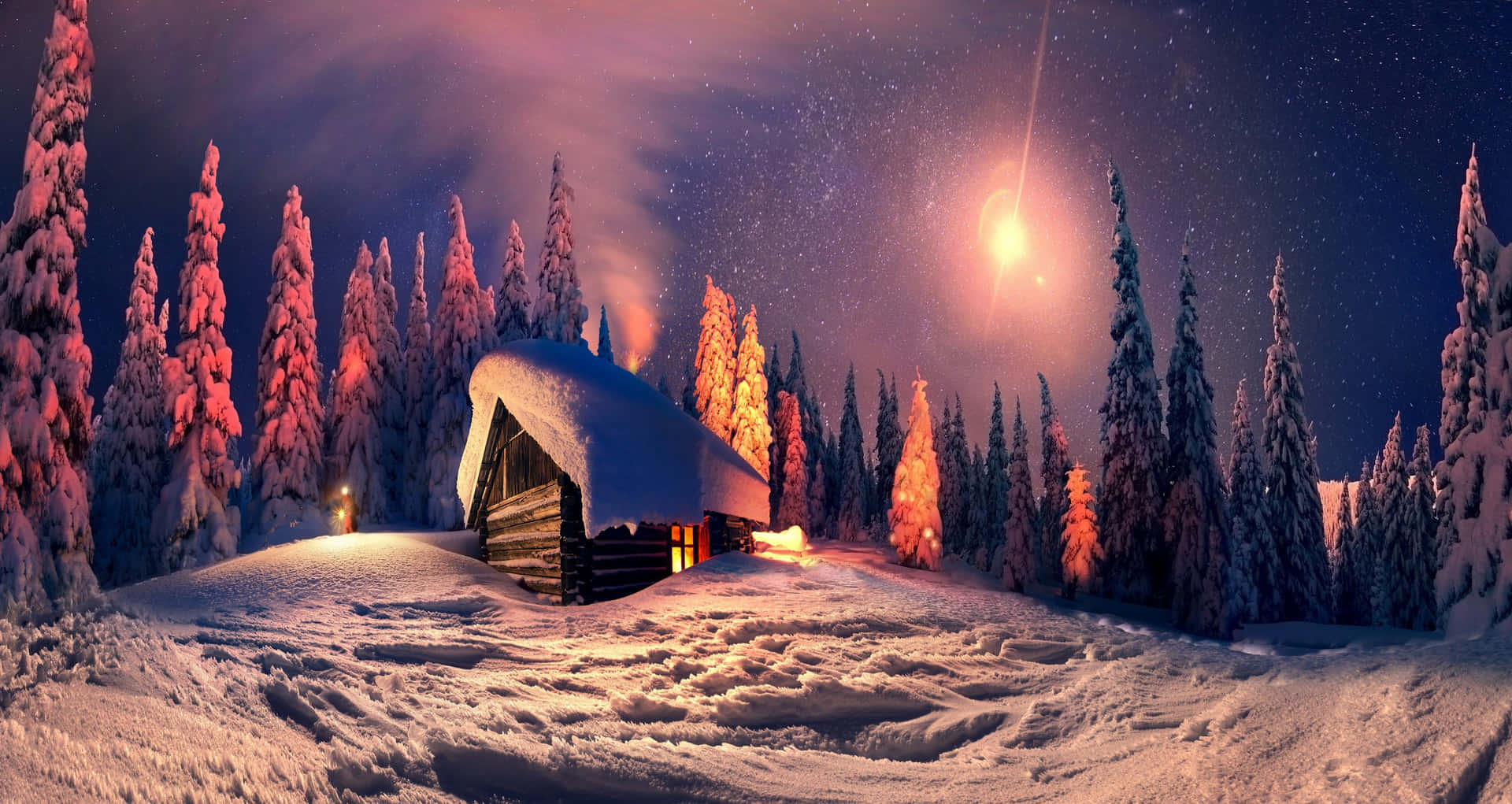 Winter_ Night_ Cottage_ Under_ Starlit_ Sky.jpg Wallpaper
