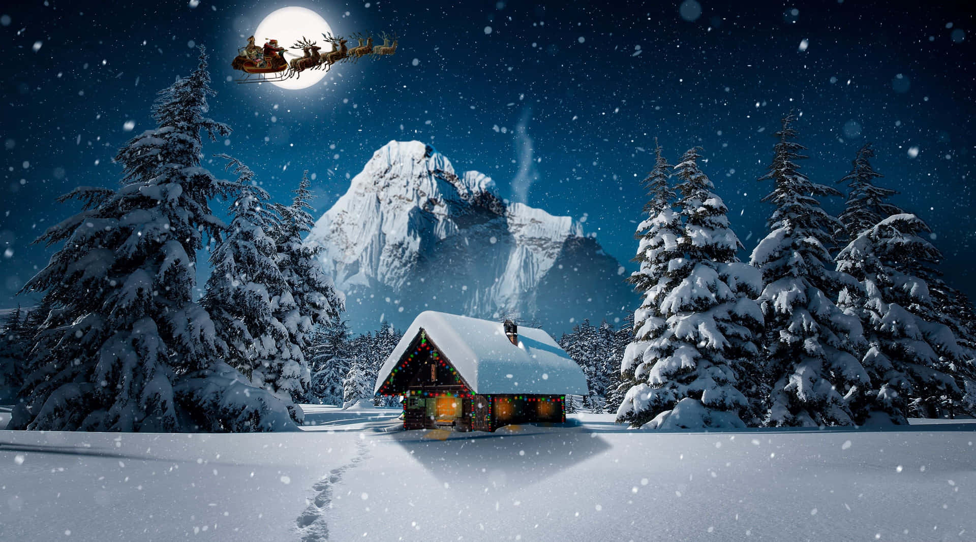 Winter Night Desktop With Santa Claus Flying Wallpaper