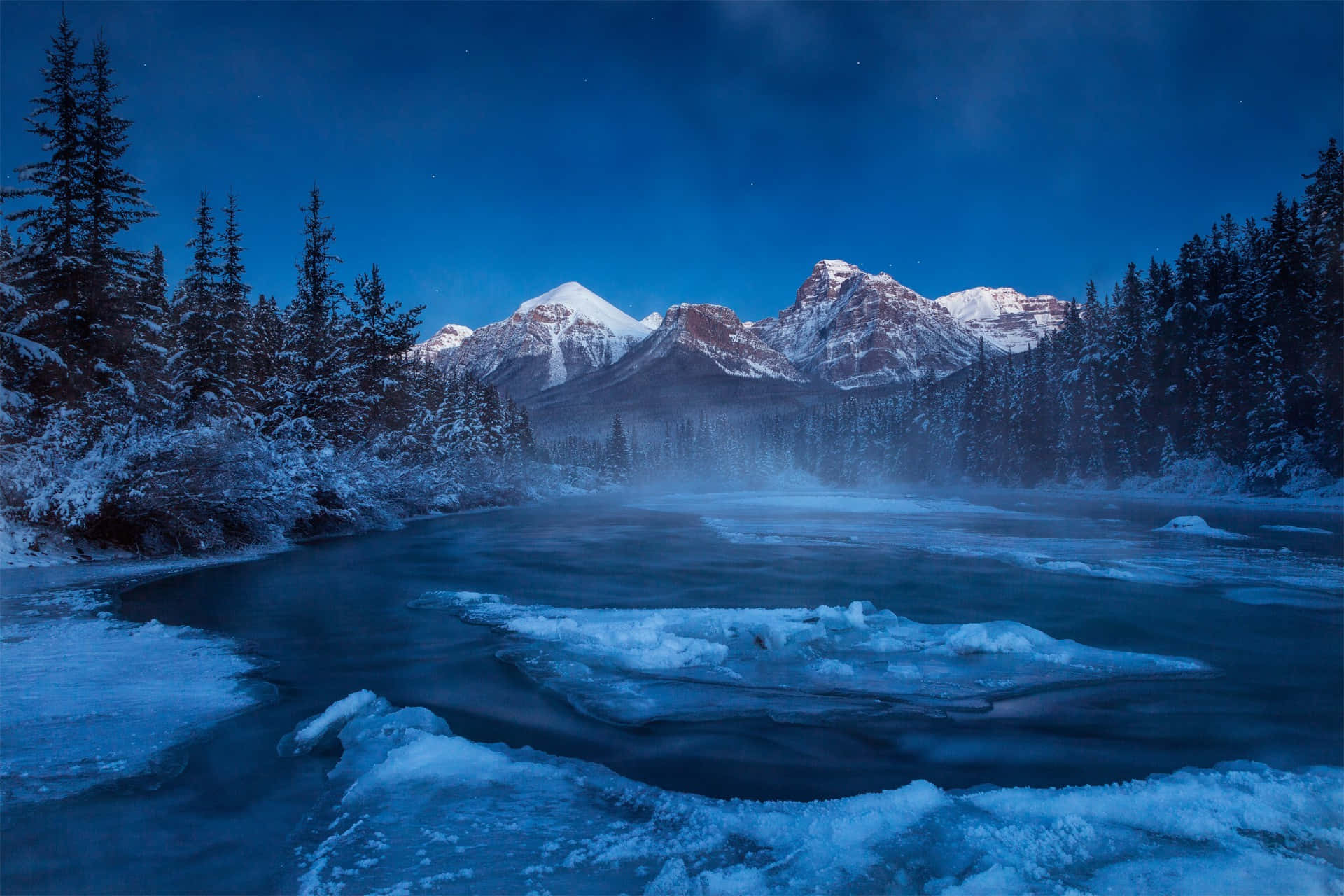 Winter Night Desktop With A Foggy Lake Wallpaper