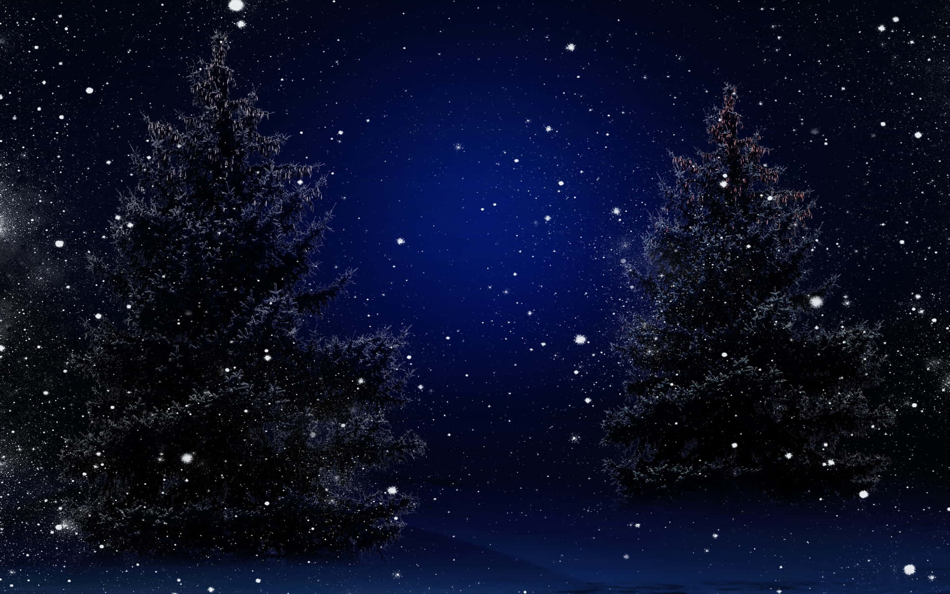 Winter Night Desktop With Floating Christmas Trees Wallpaper