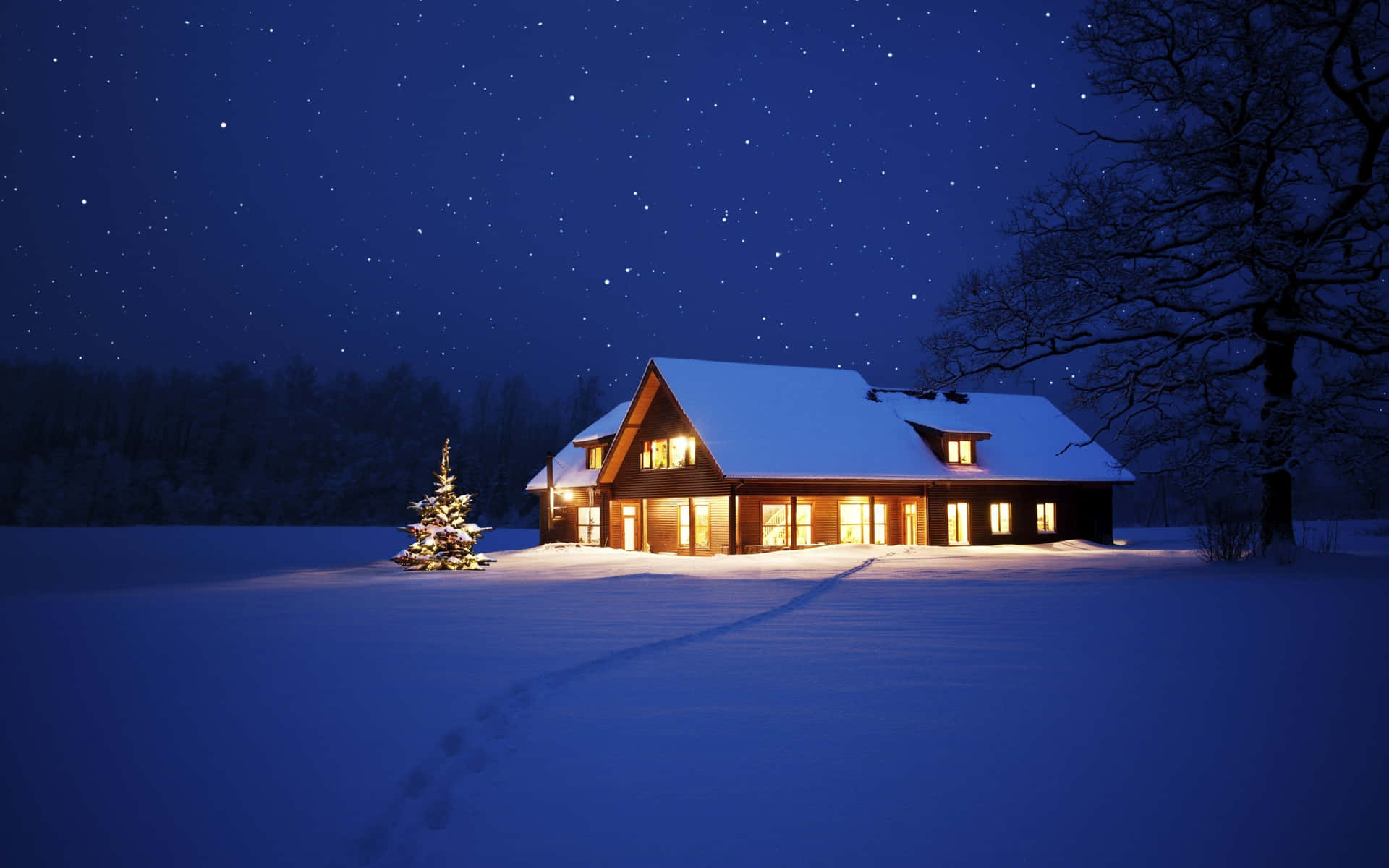 Winter Night Desktop With A Festive House Wallpaper
