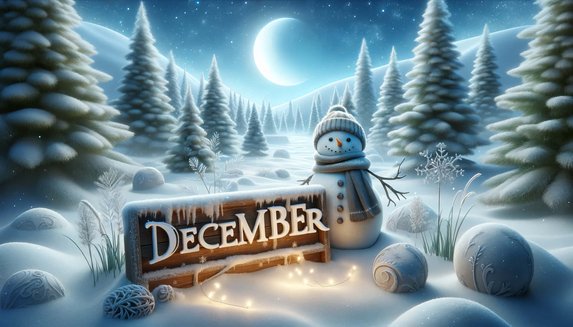 Winter Night Snowman December Scene Wallpaper