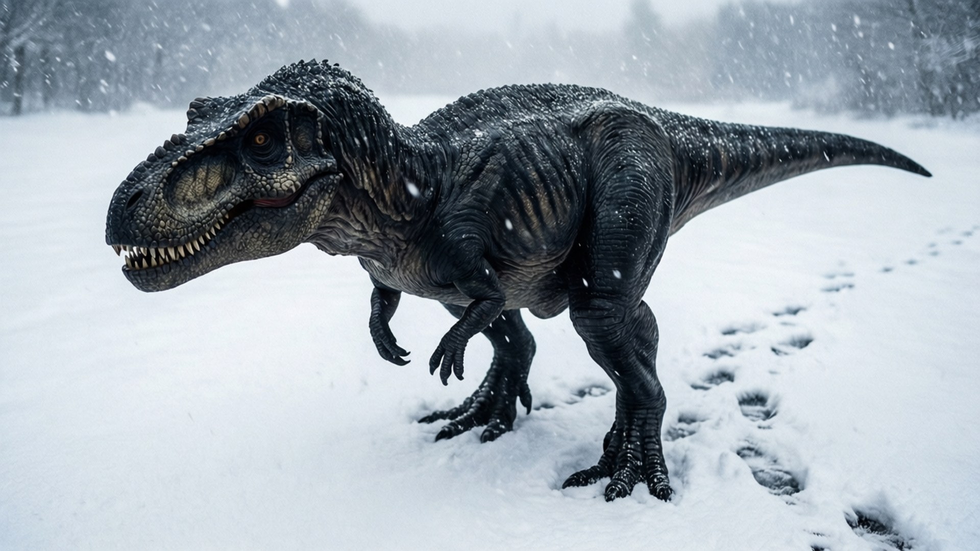 A black dinosaur walks through a snowy landscape, contrast of black and white.