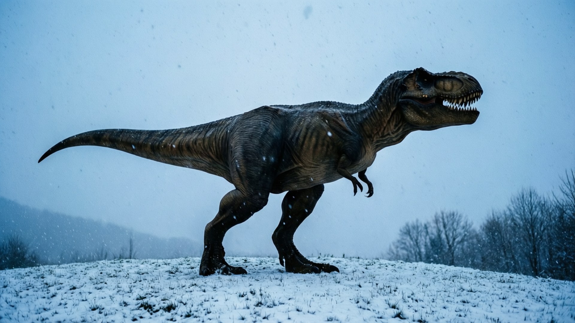Winter Predator Taustakuvat — Realistinen t-rex seisoo lumisella kentällä, lunta sataa ja paljaat puut taustalla harmaan taivaan alla.