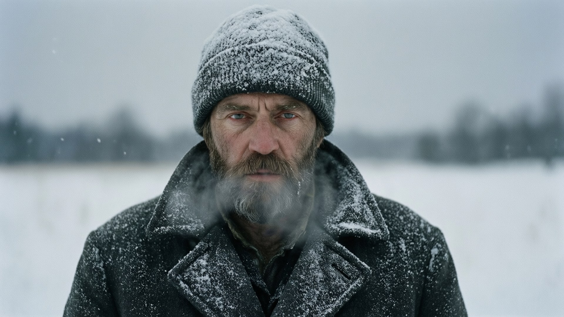 En skjeggete mann på et snødekt jorde iført en snødekt hatt og frakk.