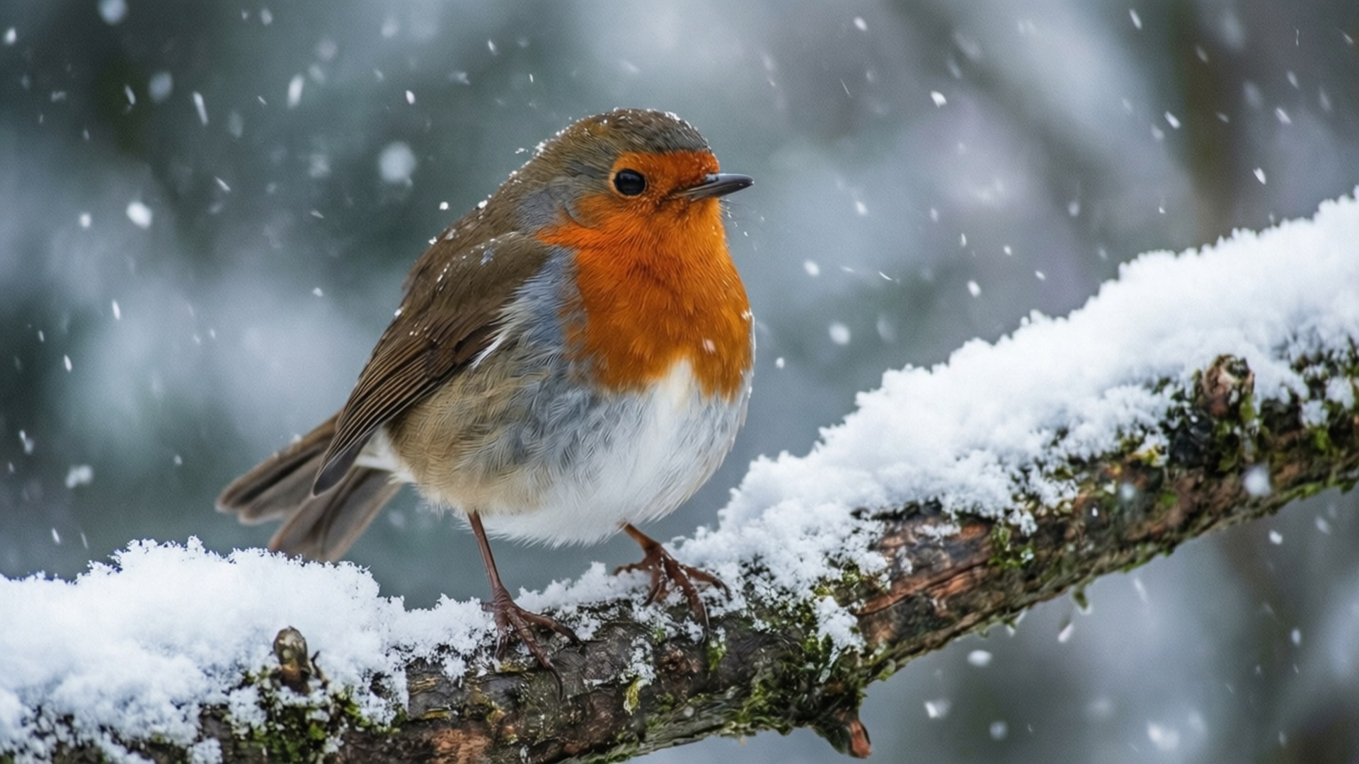 A robin in a snowy scene with a warm red breast pop of color