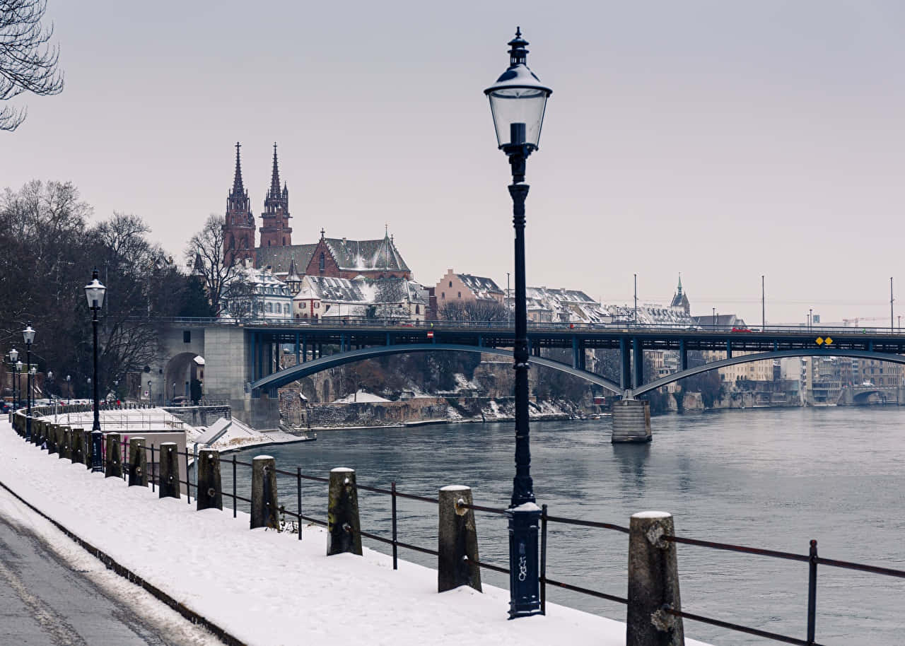 Winter_ Scene_in_ Basel_with_ Bridge_and_ Cathedral Wallpaper