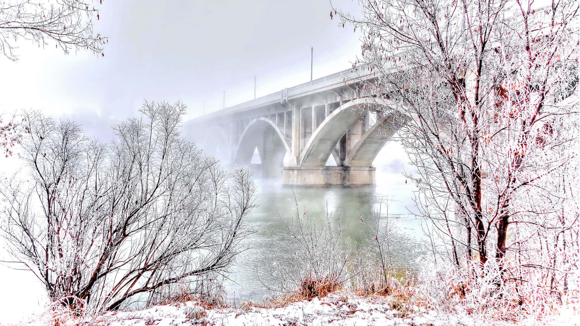 Arch Bridge Winter Scenery Desktop Wallpaper