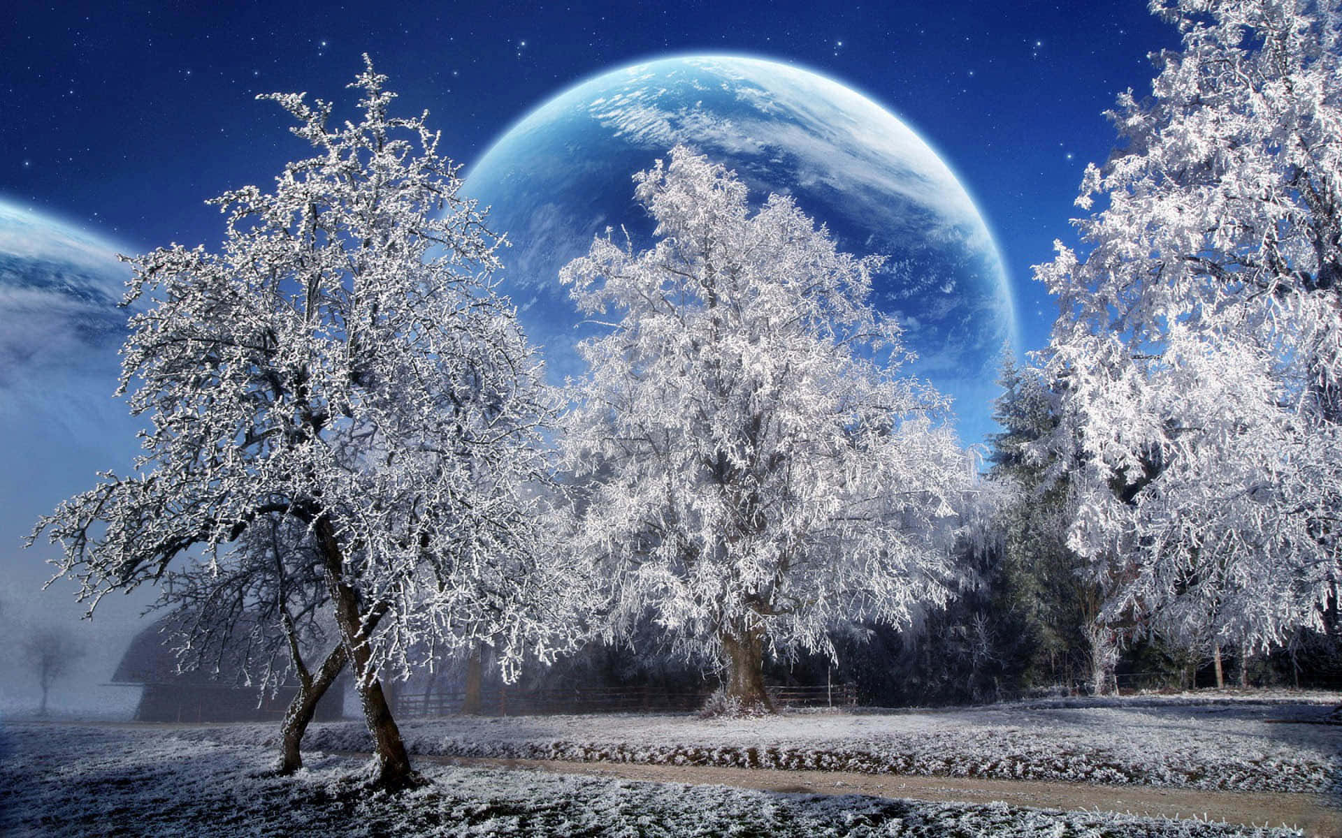 Huge Moon Over Winter Scenery Desktop Wallpaper