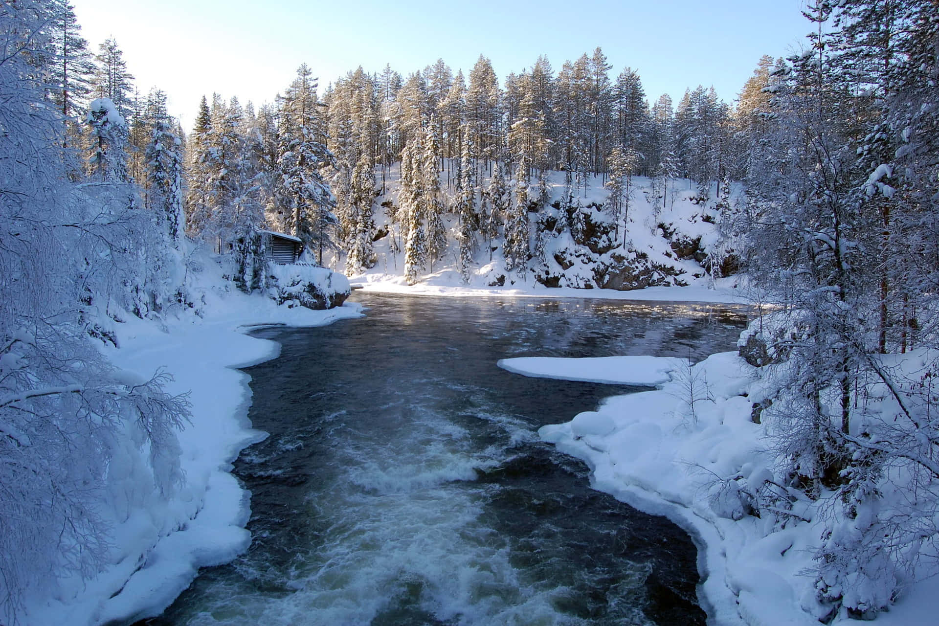 Flowing River Winter Scenery Desktop Wallpaper