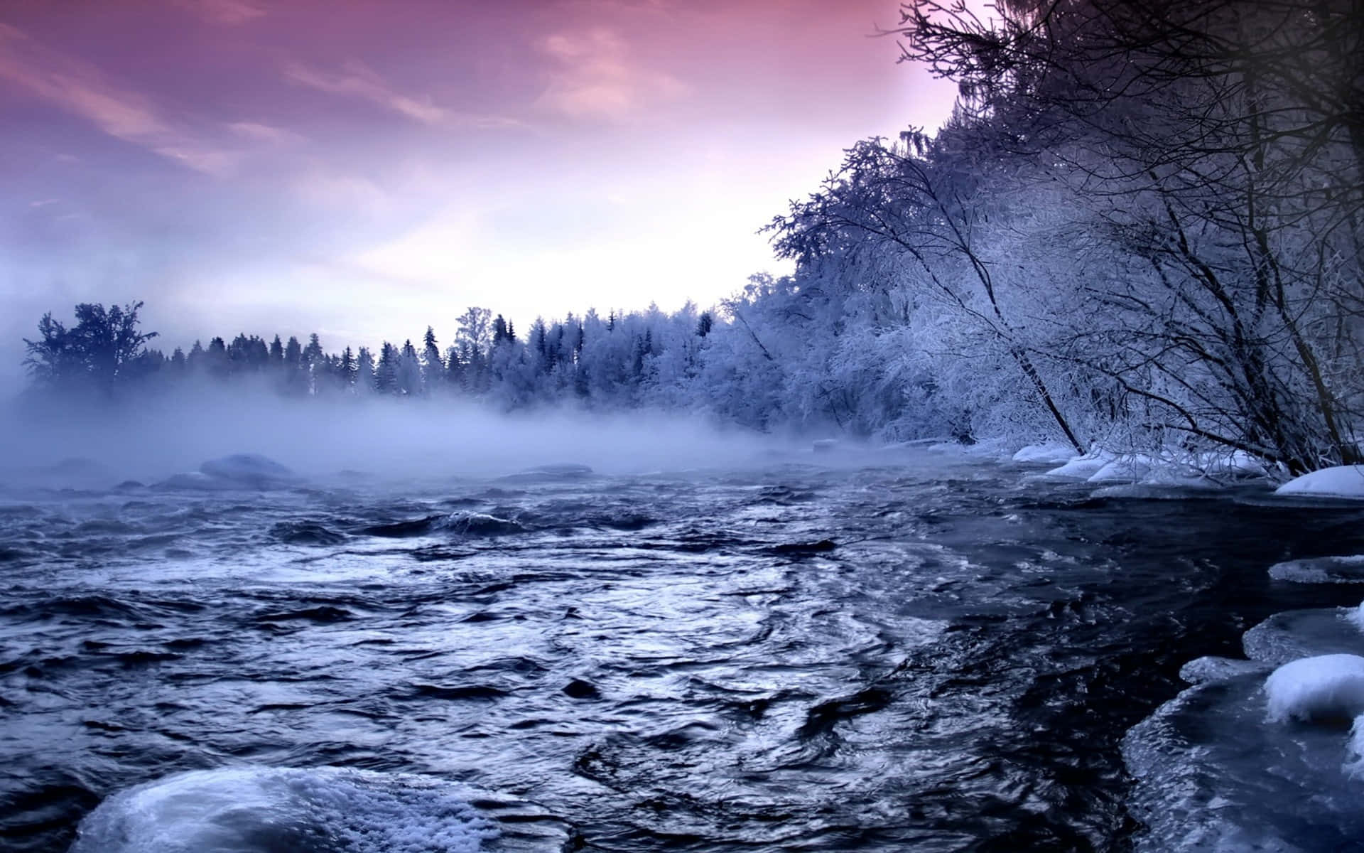 River With Steam Winter Scenery Desktop Wallpaper