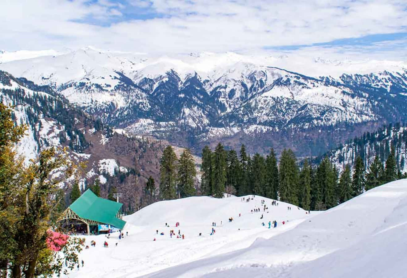 Einegruppe Von Menschen Fährt Auf Skiern Einen Verschneiten Hang Hinunter.