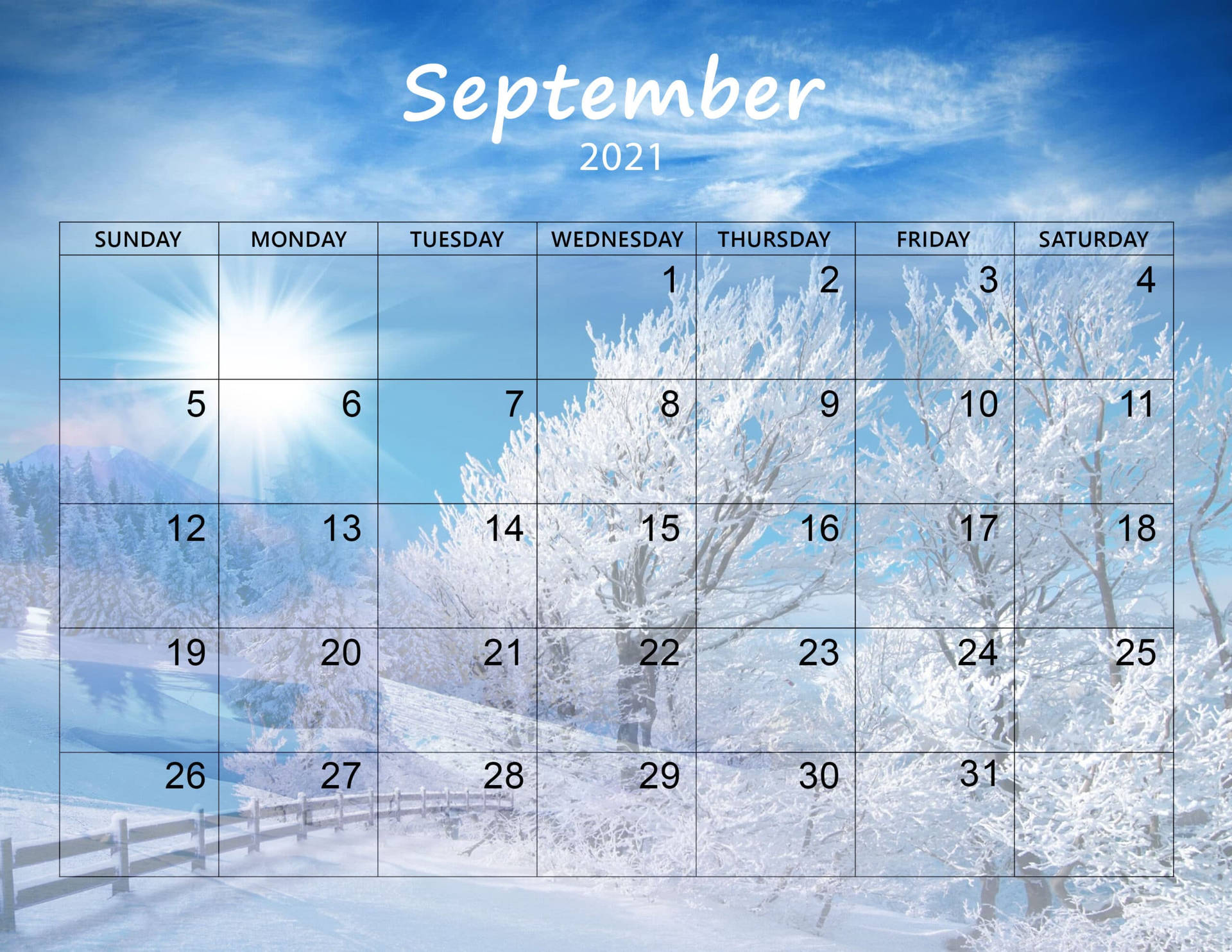 Winter September Calendar 2021 Wallpaper
