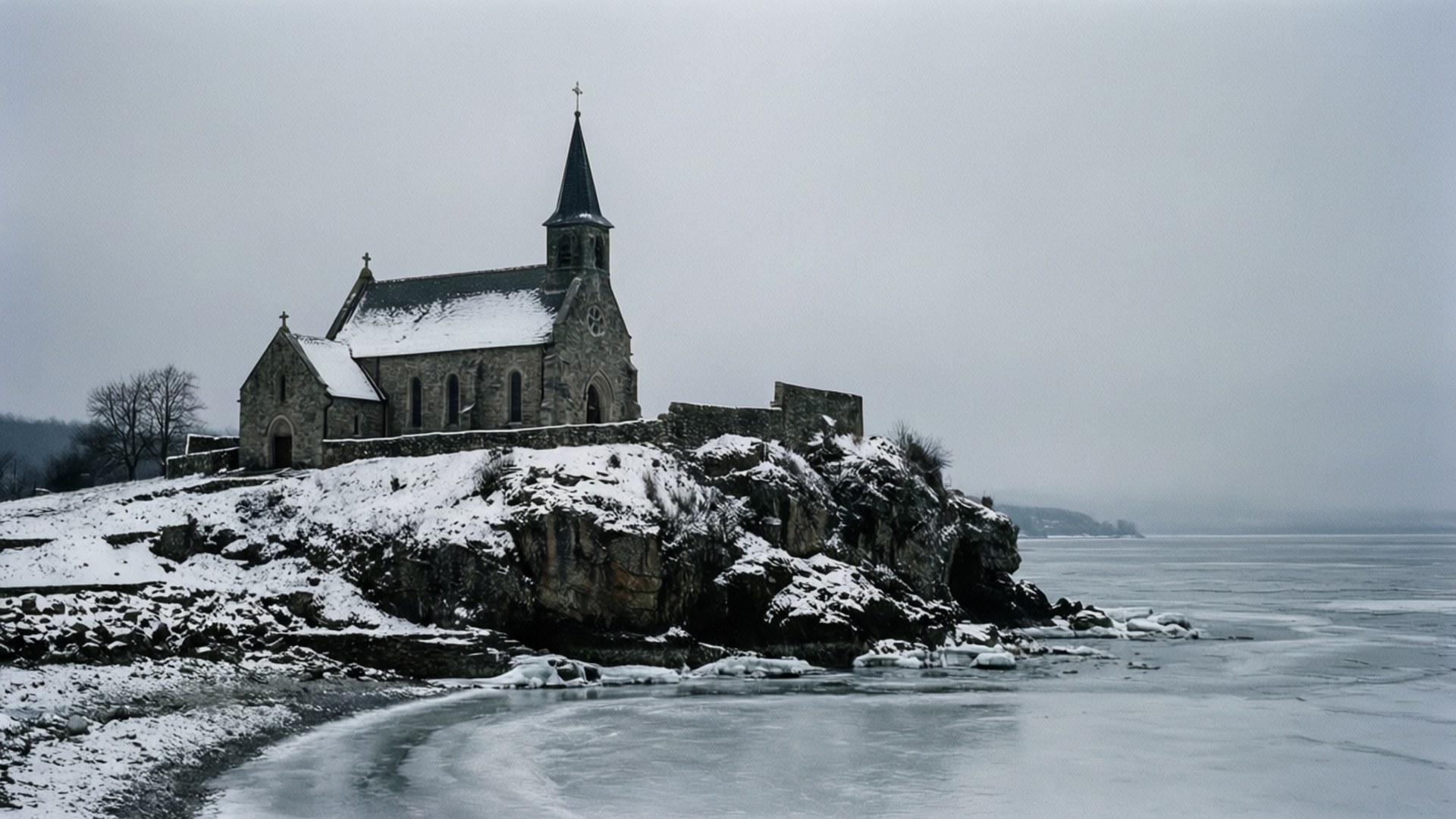 Vinterscen av Our Lady of the Rocks med snö och is, minimalistisk och kall.