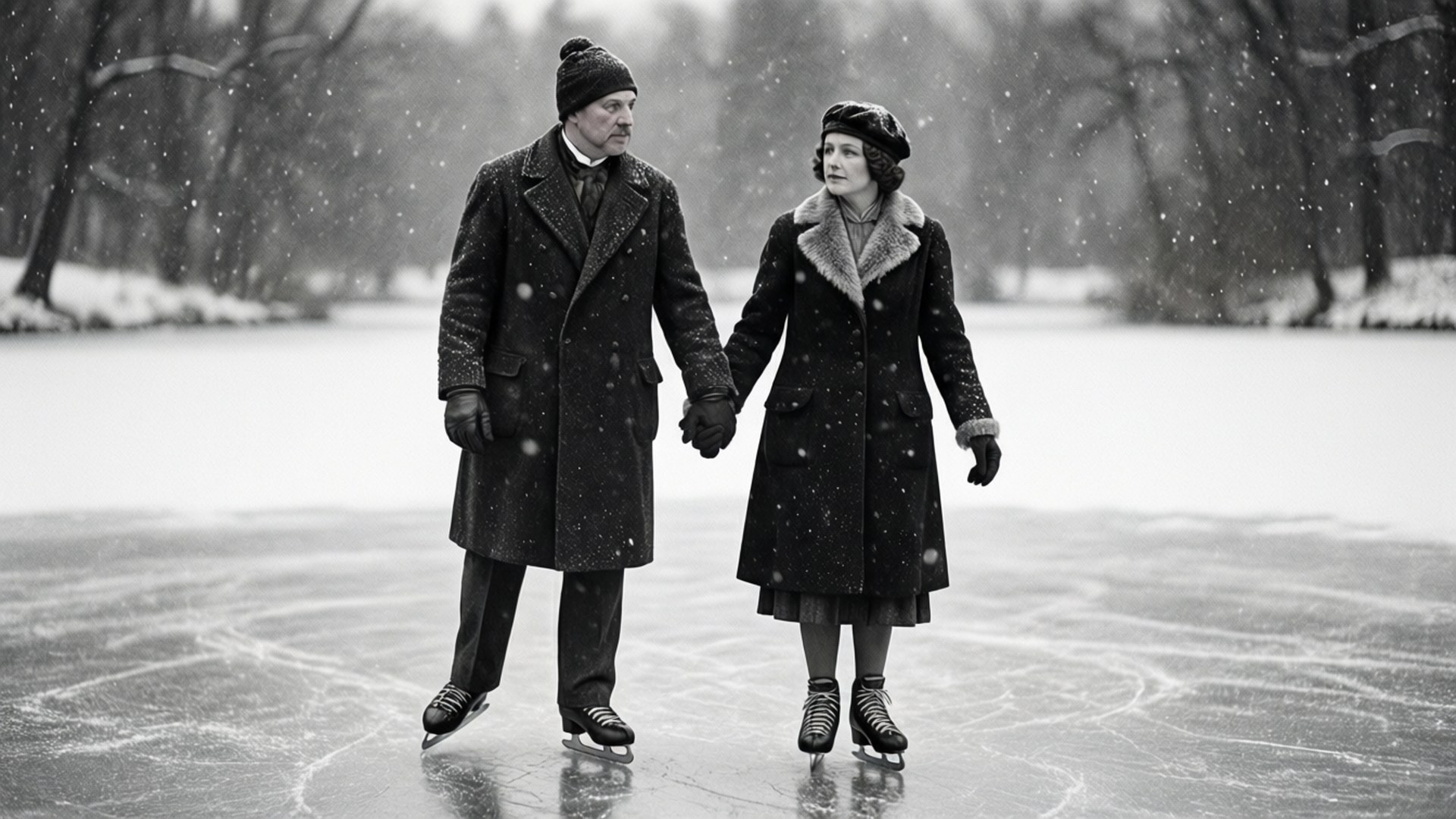 Ein Vintage-Paar läuft auf einem zugefrorenen Teich Schlittschuh, während Schnee fällt, und hält sich an den Händen.