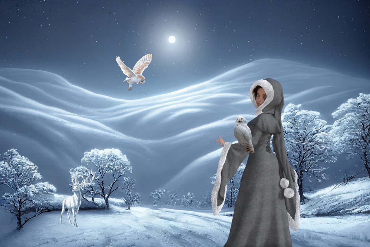 a woman in a snowy landscape with owls and birds