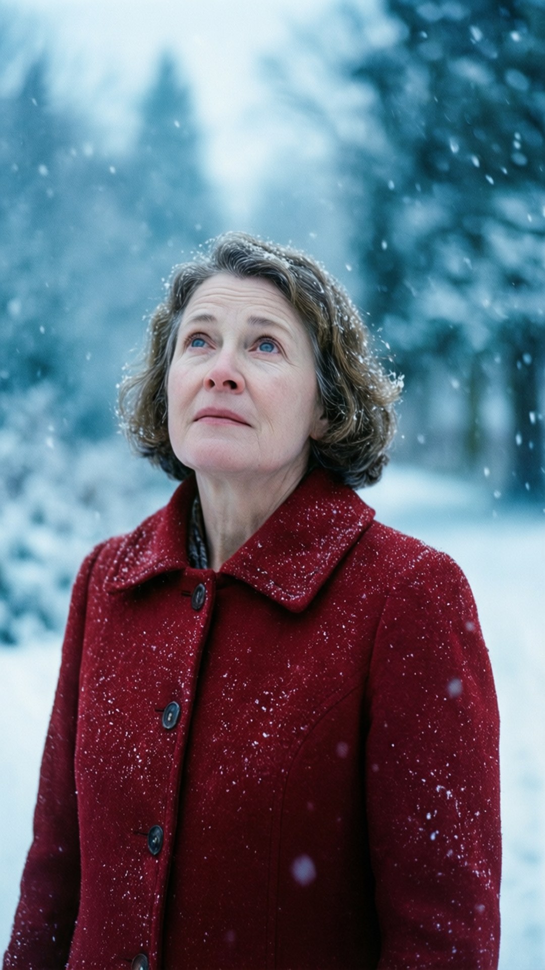 Dorothy Unsworth i en snefyldt scene med en rød frakke og faldende sne.