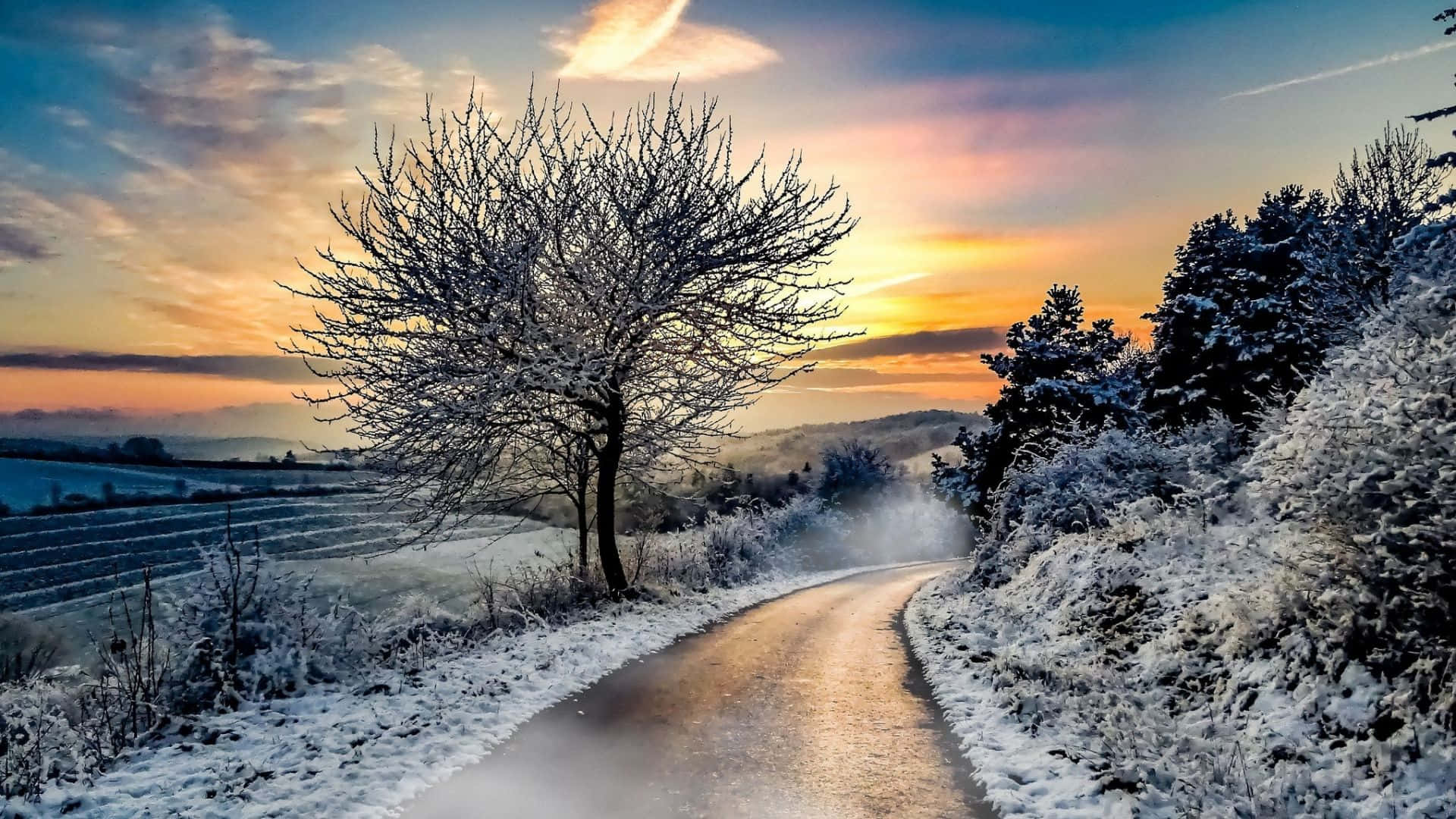 Majestic Winter Sun Over Snow-Covered Landscape Wallpaper