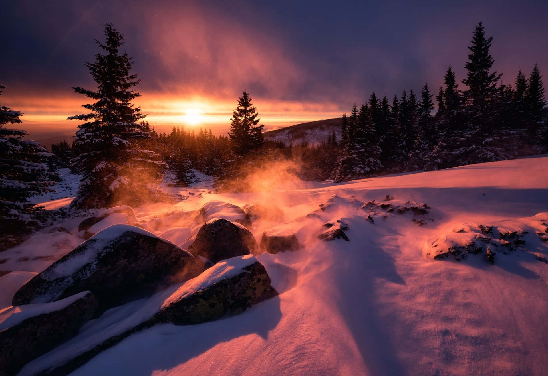 Winter Sun illuminates a snowy landscape Wallpaper