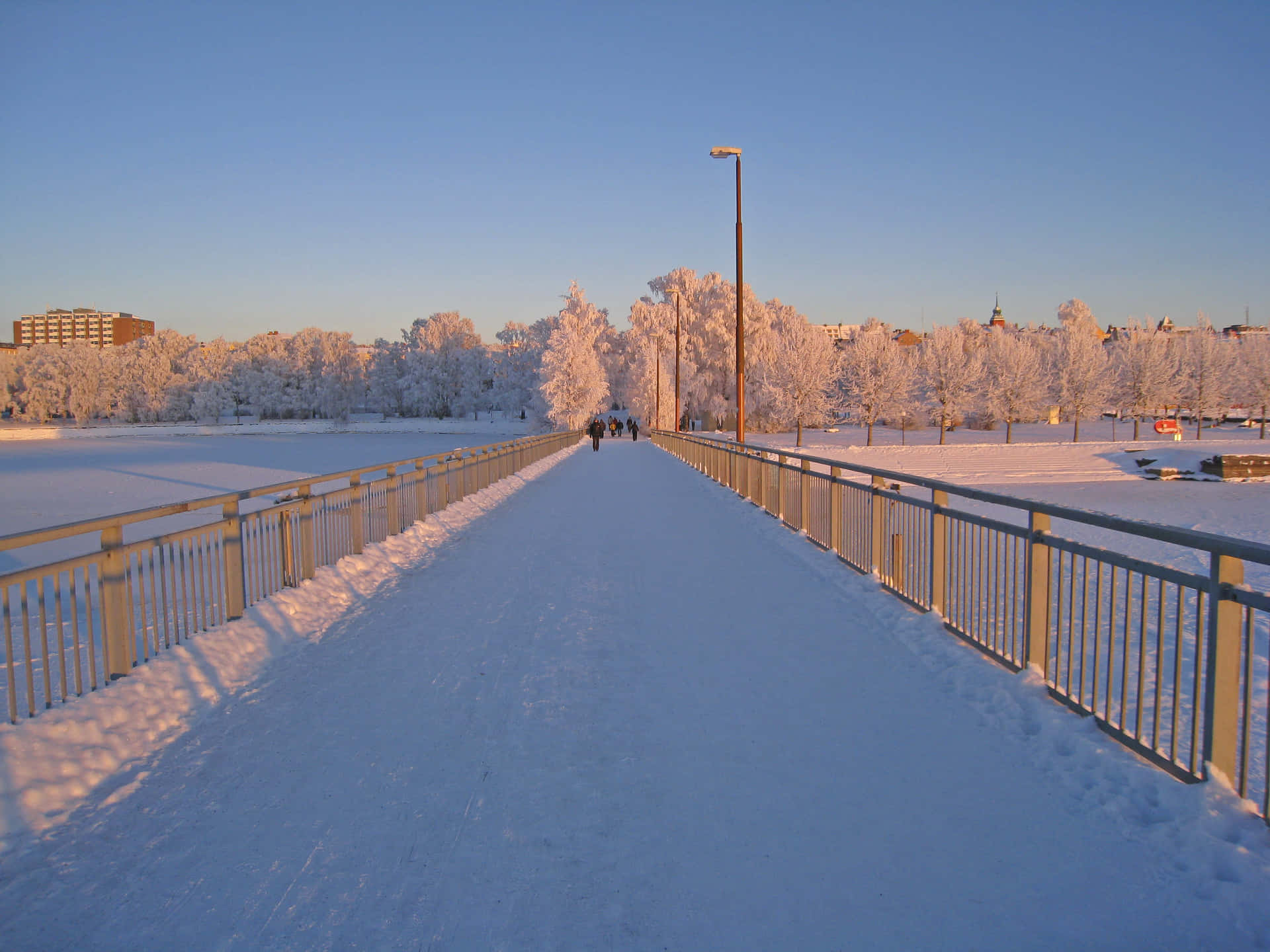 Winter Sunrise Ostersund Bridge Snowscape Wallpaper