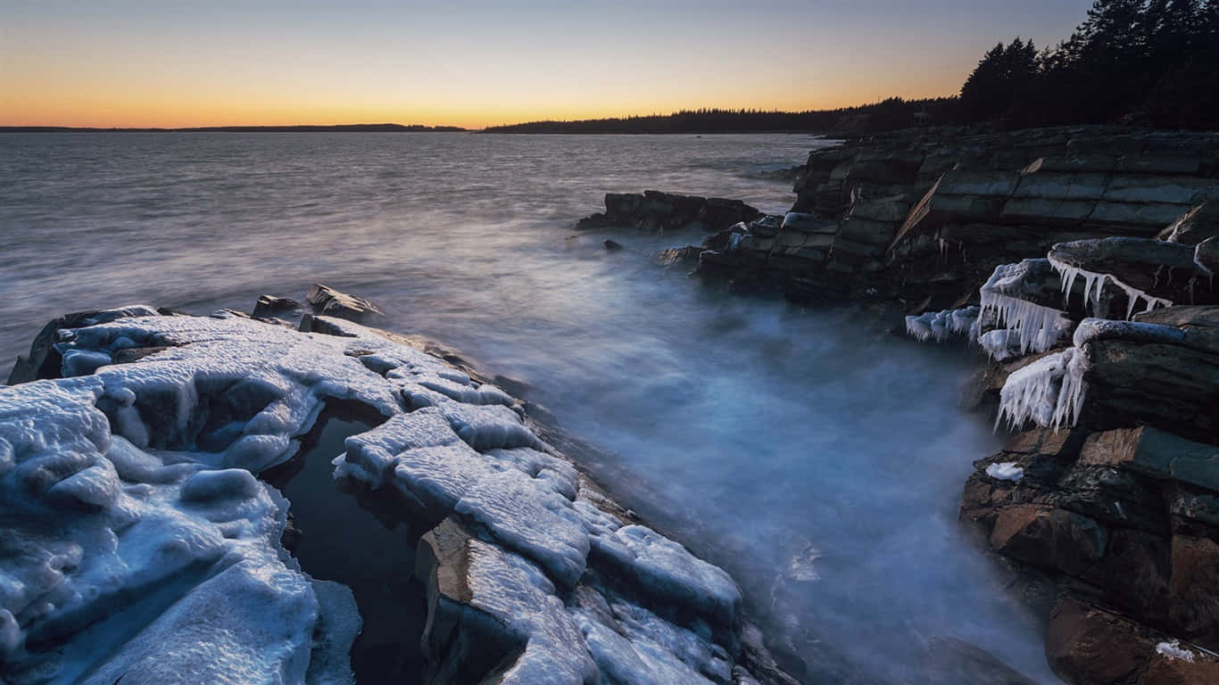 Winter Sunset Coastline Ice Formations Wallpaper