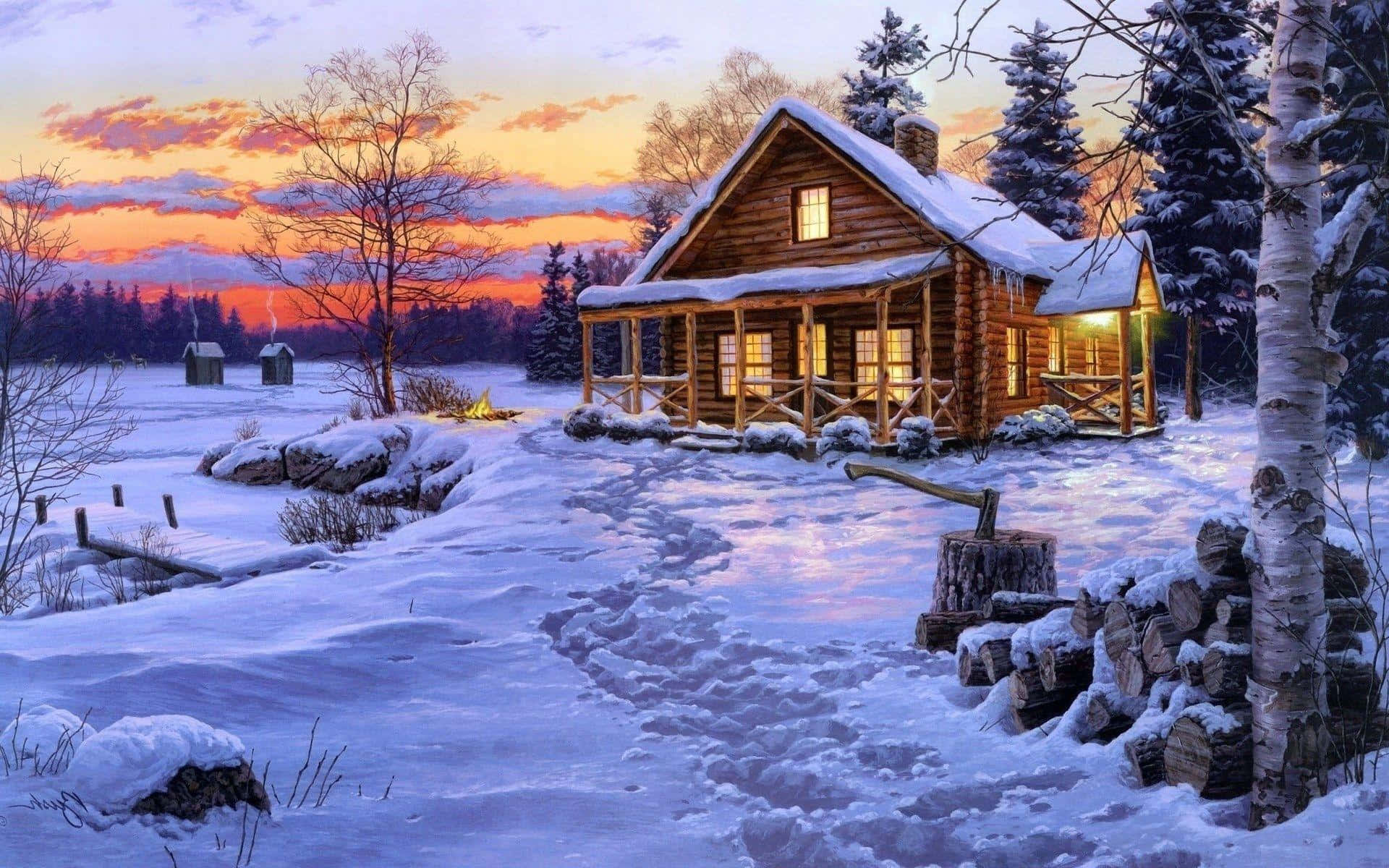 Download Winter Sunset Log Cabin Snowscape Wallpaper | Wallpapers.com