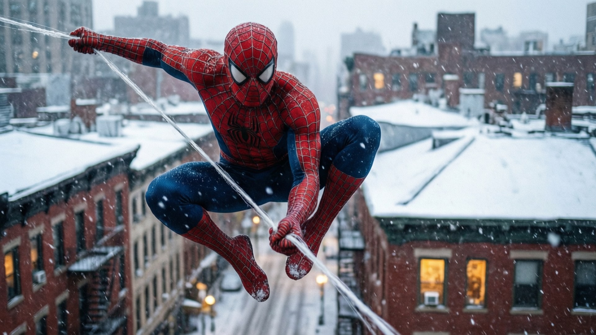 Spider-Man som svinger seg i en snødekt by